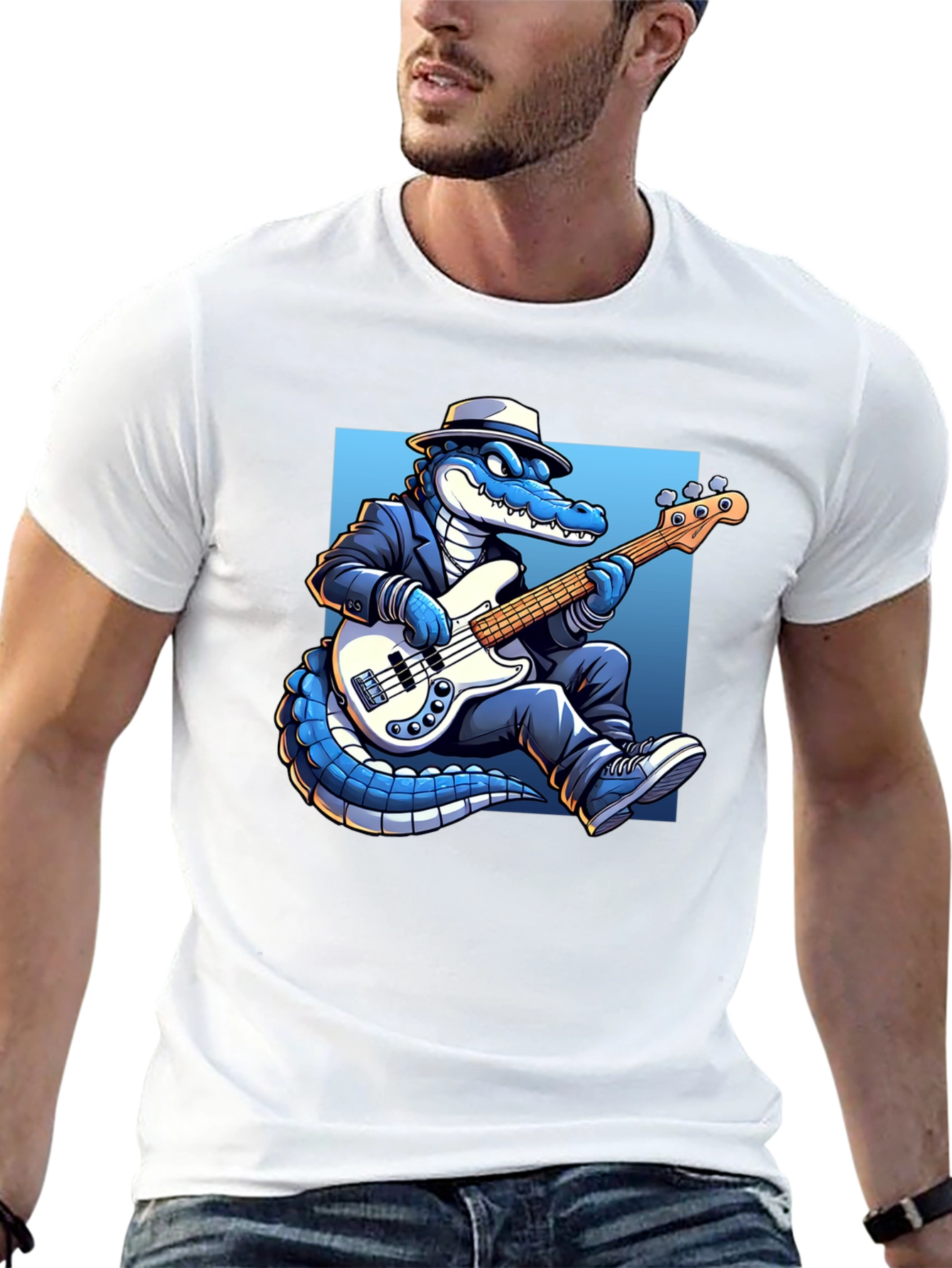 Black Cool Gator Playing Bass Guitar T-Shirt view 13