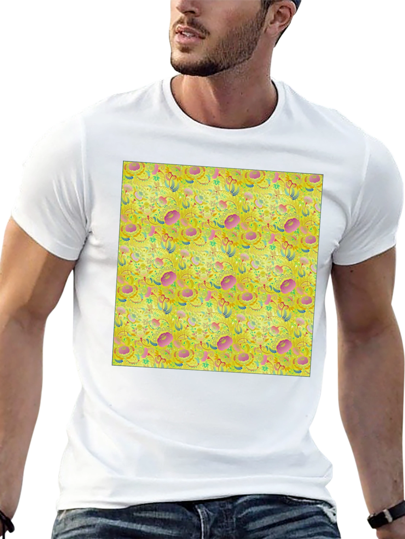 Black Floral Pattern T-Shirt - Funky Yellow Graphic Tee view 13