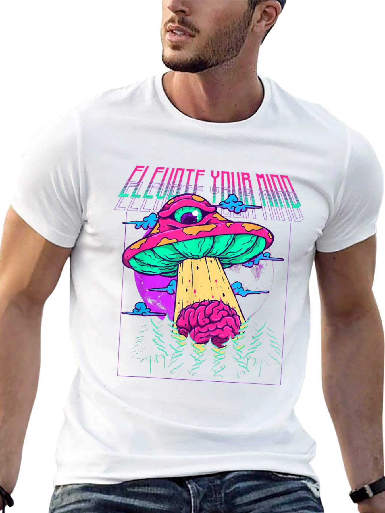 Black Elevate Your Mind Graphic T-Shirt - Retro Psychedelic Mushroom UFO view 13