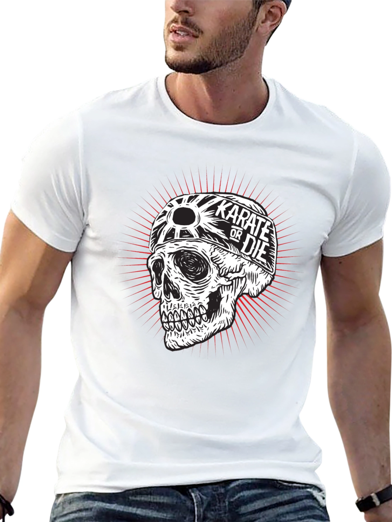 Black Karate or Die Skull Graphic Tee - Black Cotton T-Shirt view 13