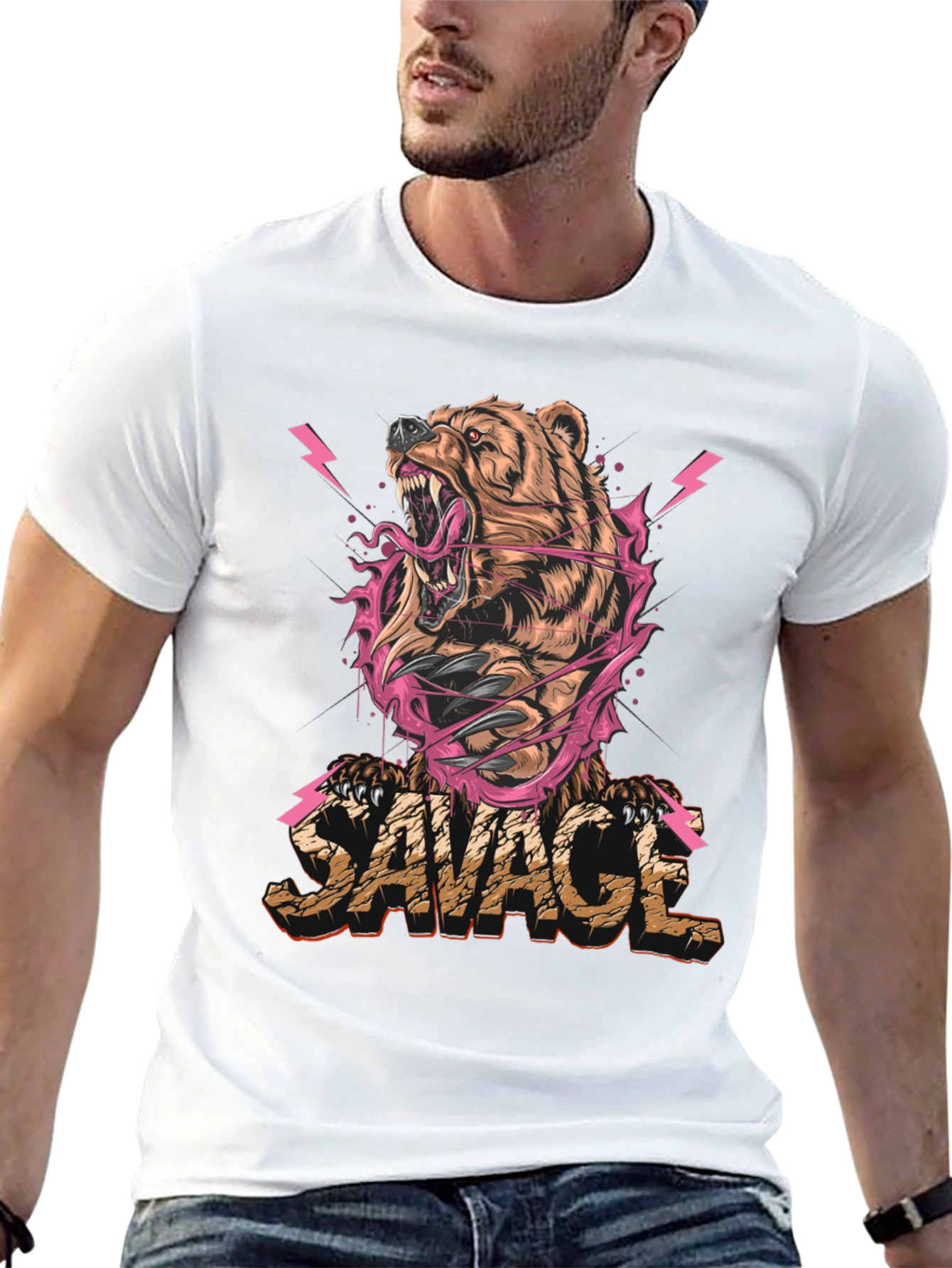 Black Savage Bear Graphic Print T-Shirt - Men's view 13
