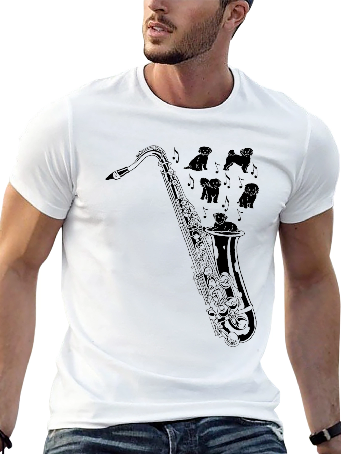 Black Saxophone Dogs Graphic Tee - Black Cotton T-Shirt view 13