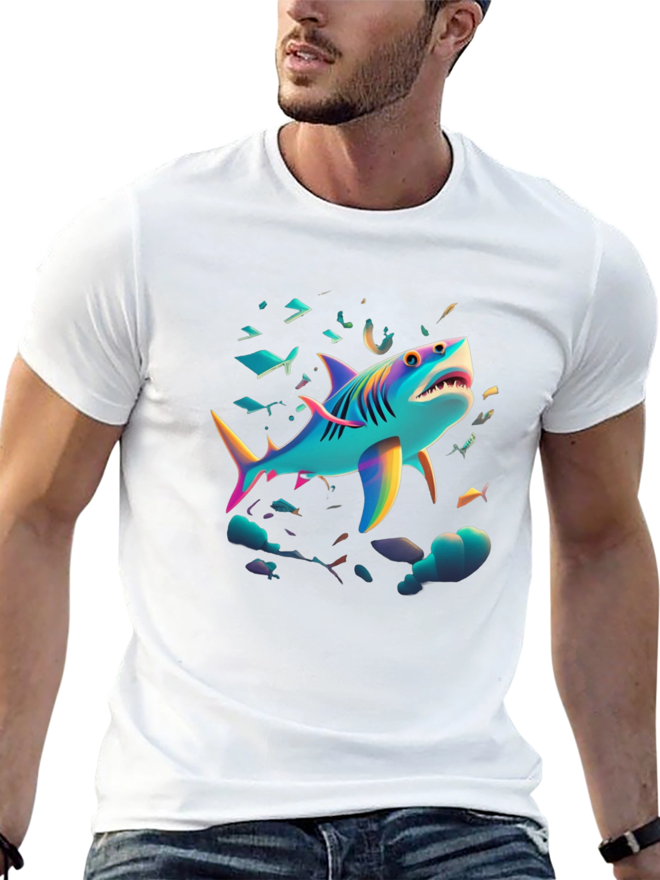 Black Vibrant Shark Graphic Tee - Black Cotton Blend view 13