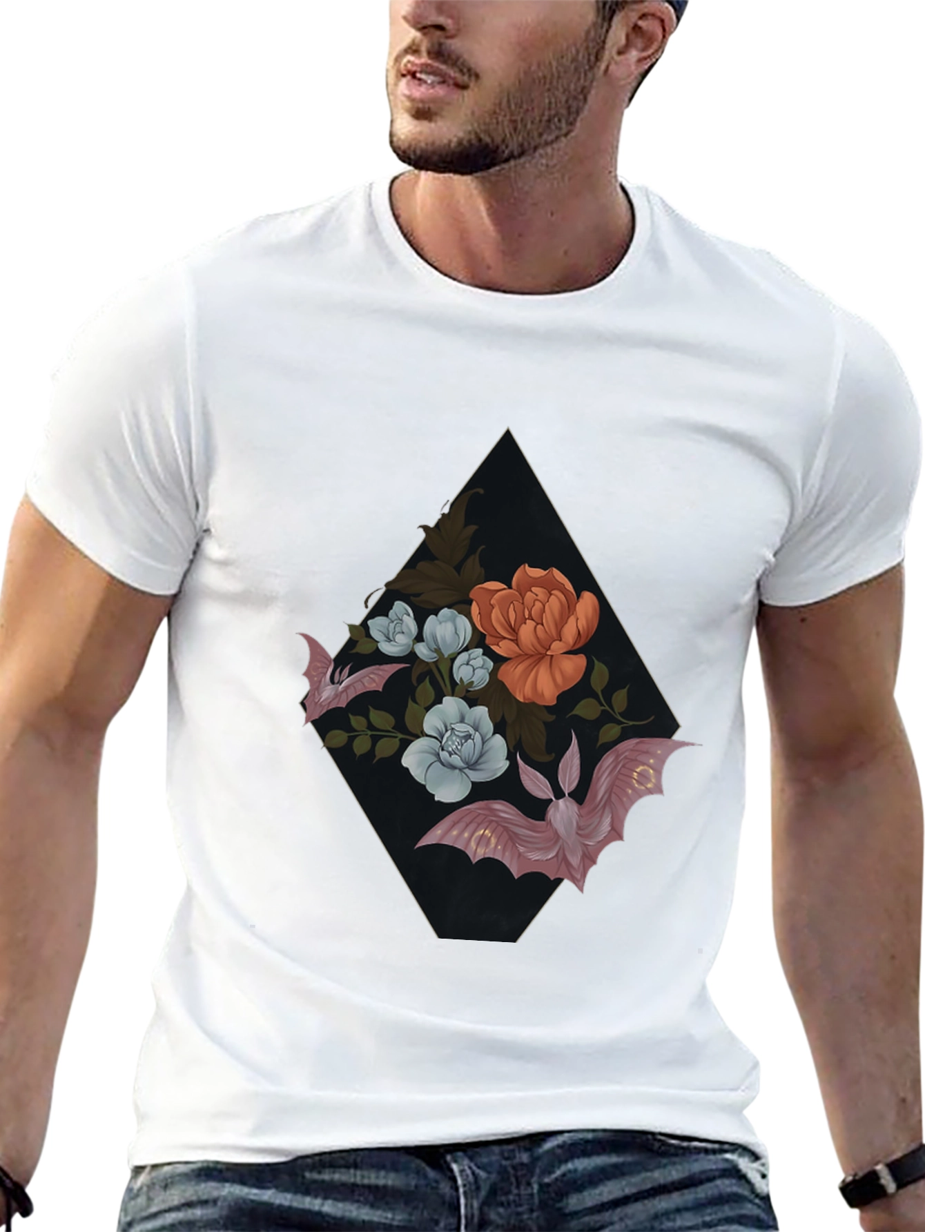 Black Floral Bat Graphic Tee - Gothic Style view 13