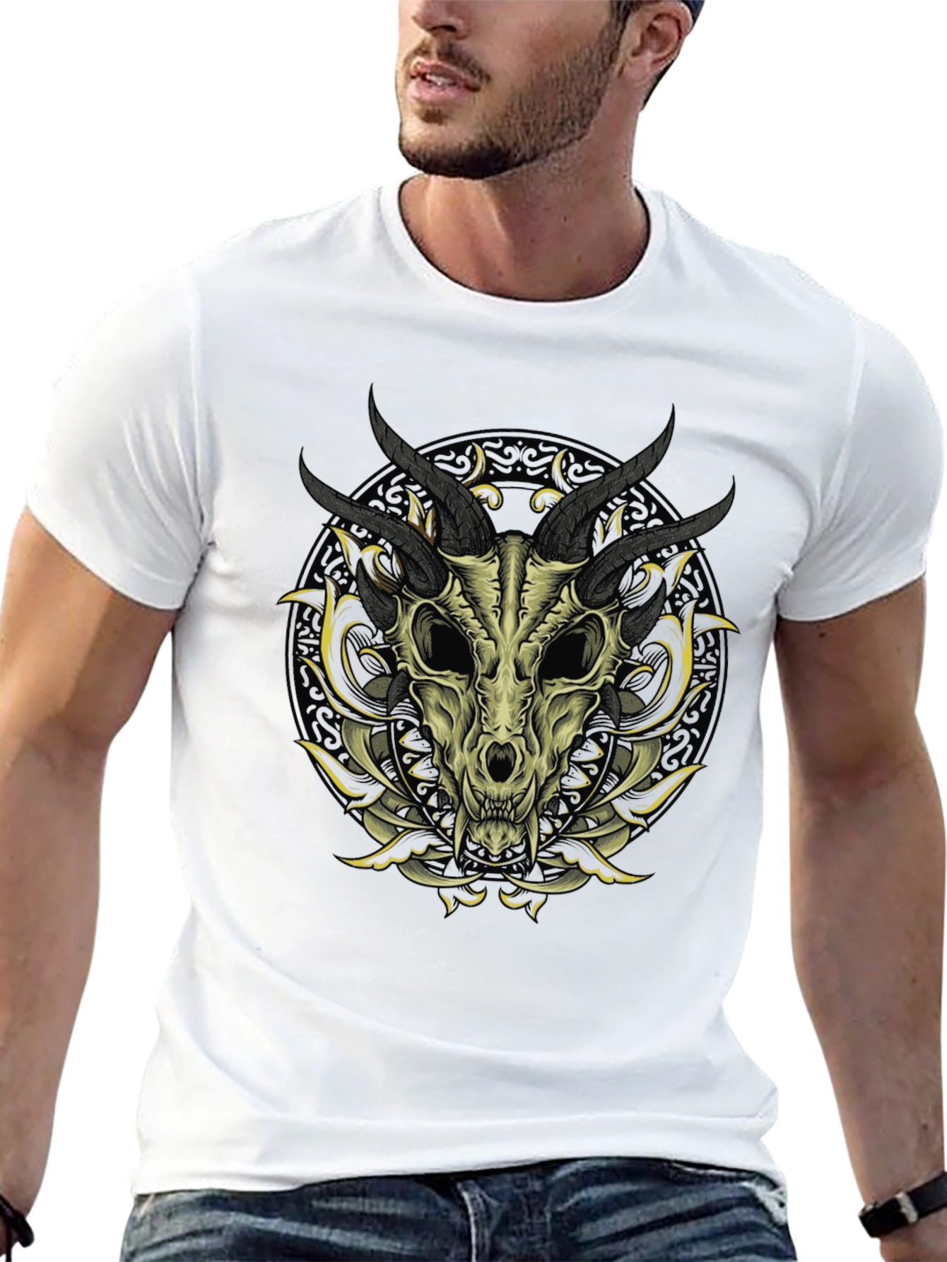 Black Skull & Horns Graphic Print T-Shirt view 13
