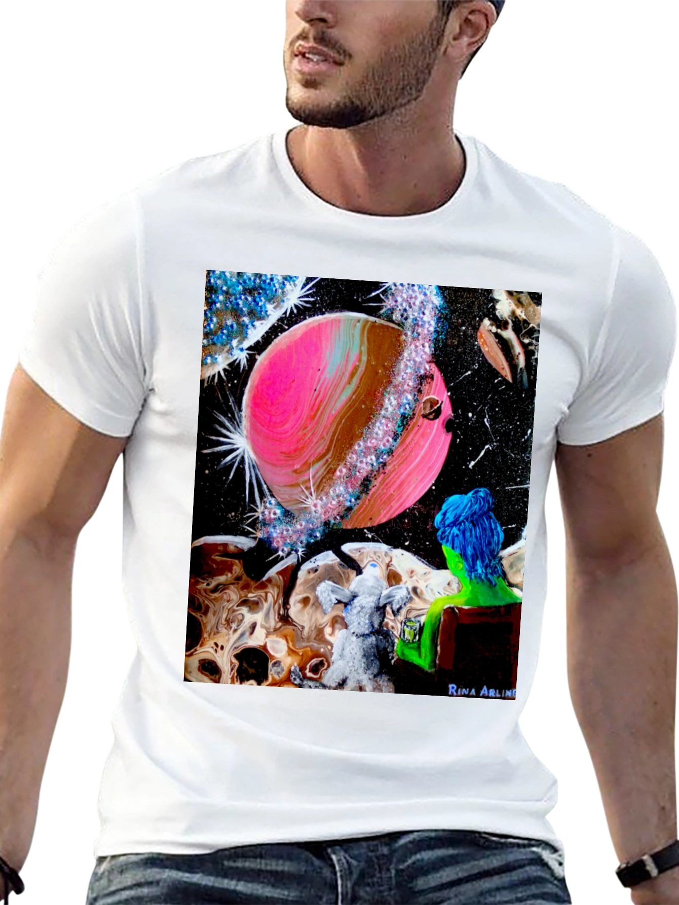 Black Cosmic Dreamer T-Shirt: Pink Planet & Blue Haired Girl view 13