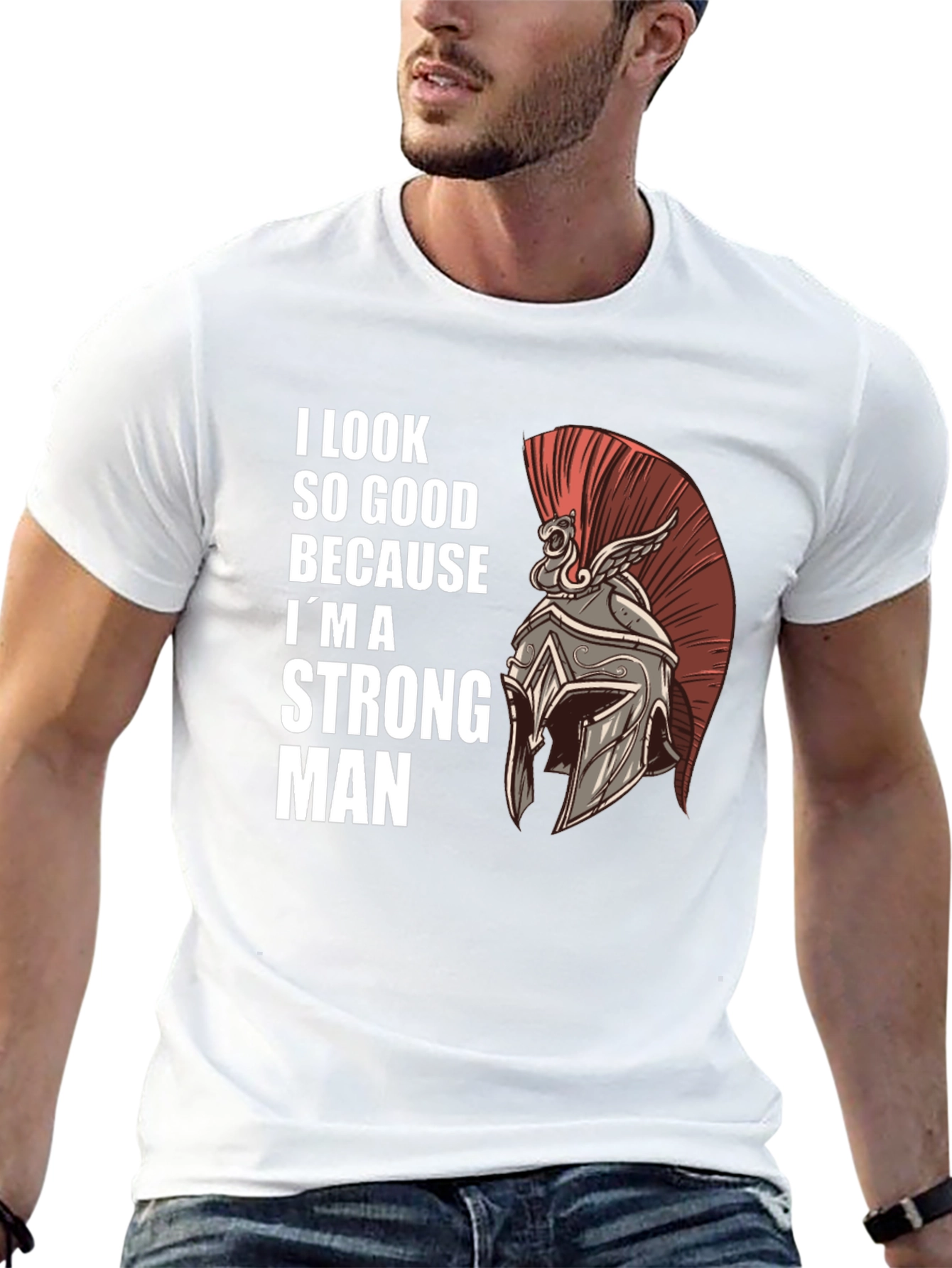 Black Strong Man Graphic Tee - Spartan Helmet Design view 13
