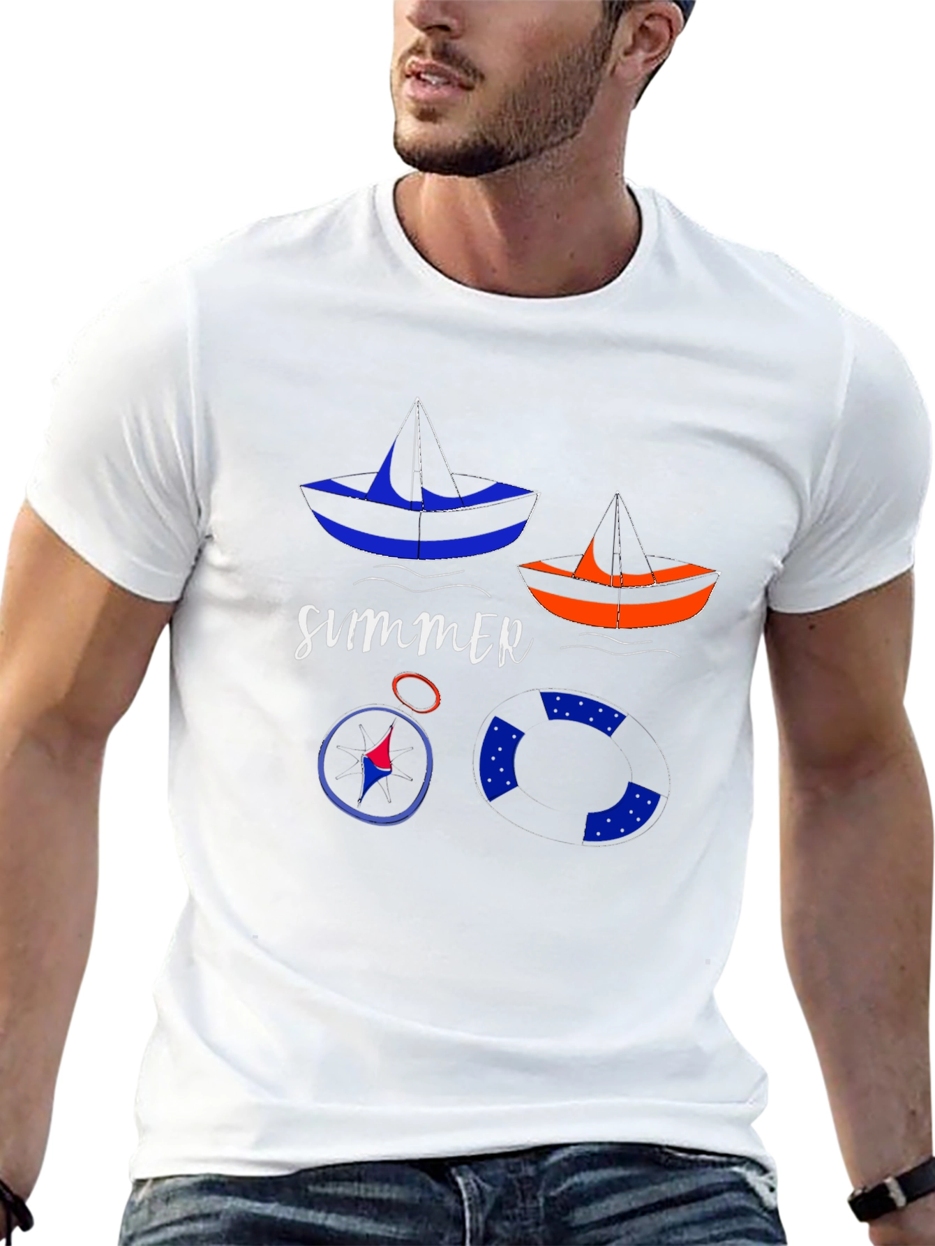 Summer Nautical T-Shirt: Sailboats, Compass, and Life Preserver - 13