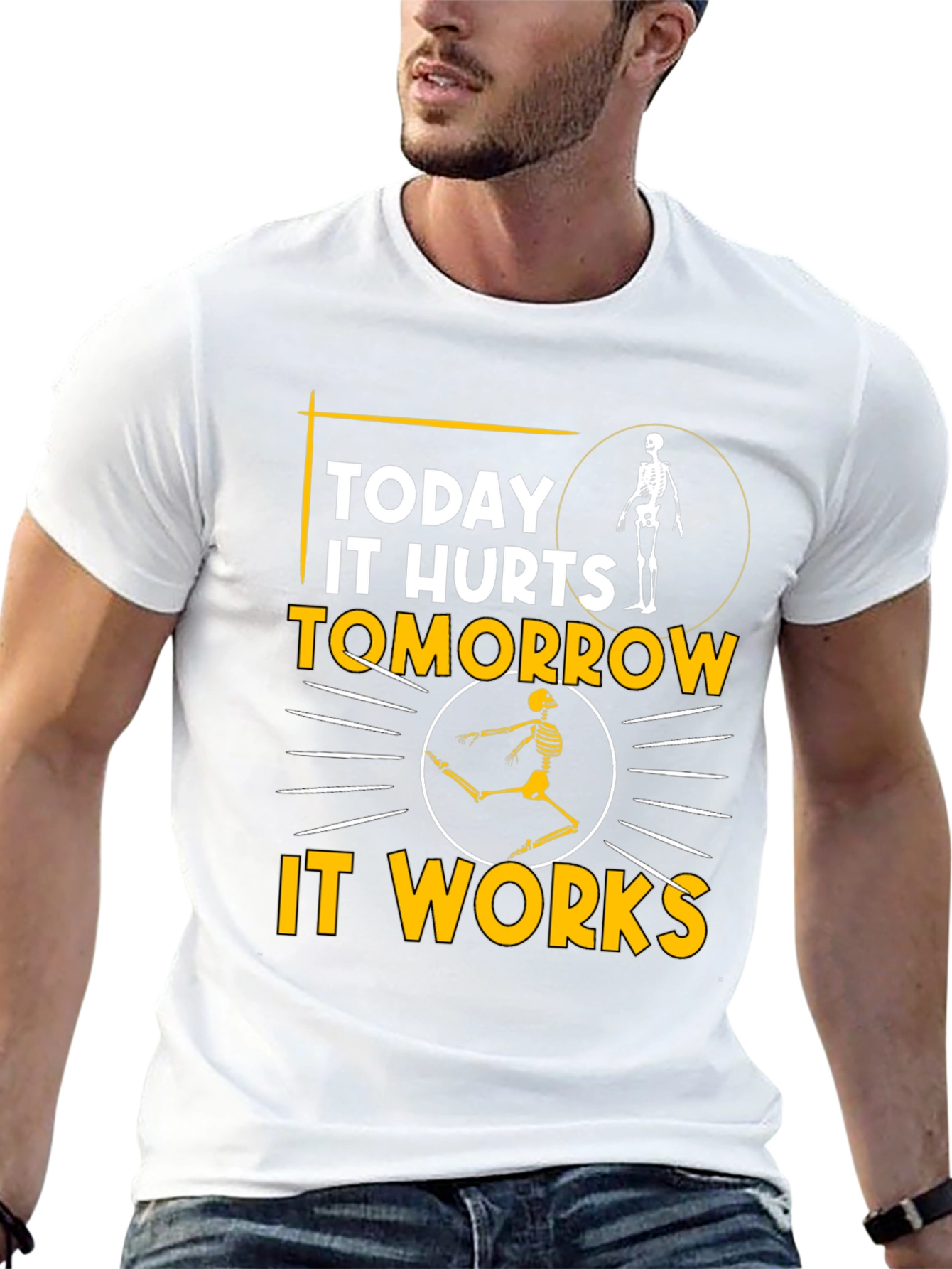 Black Funny Skeleton T-Shirt: Today It Hurts, Tomorrow It Works view 13