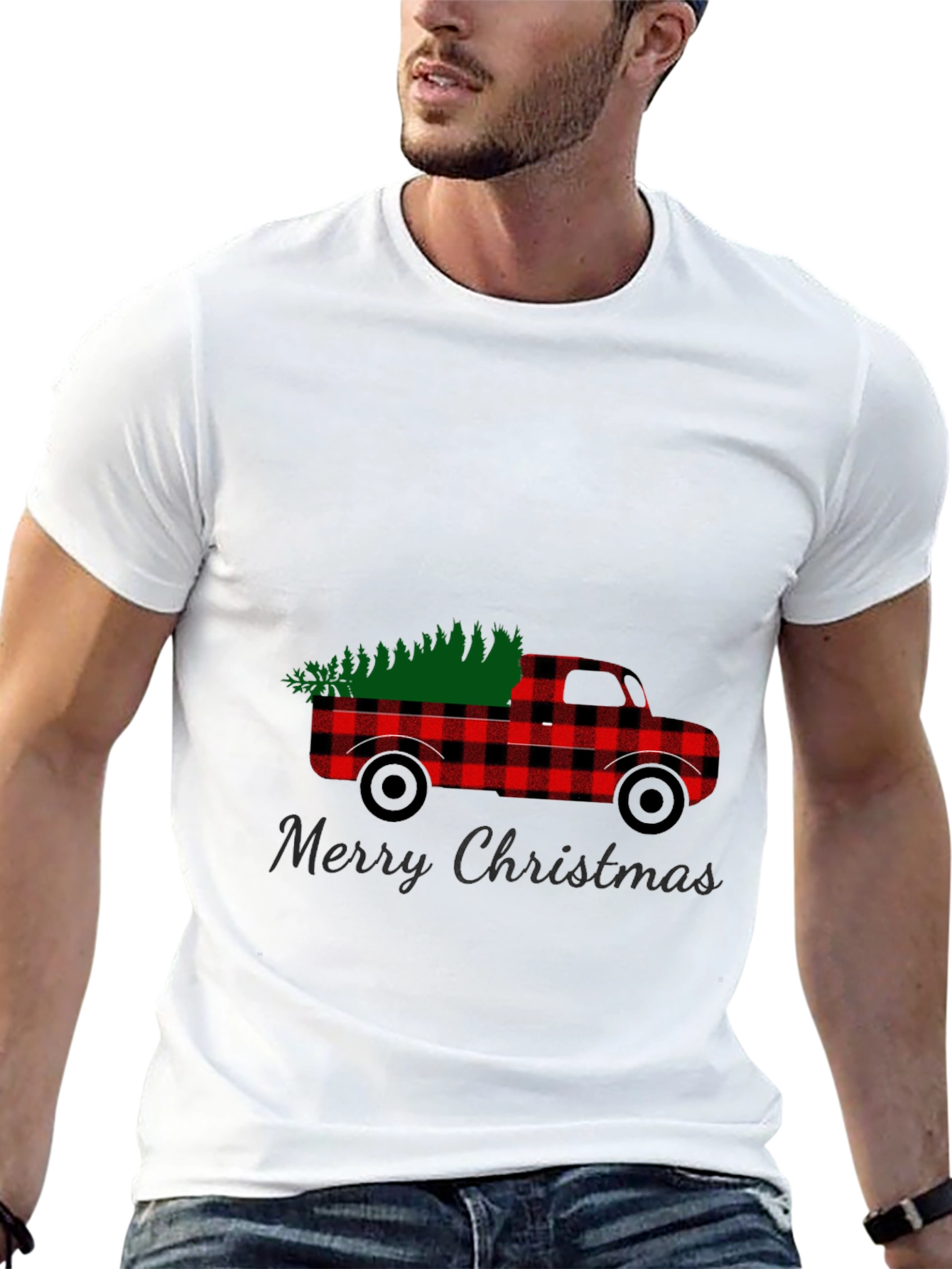 Black Merry Christmas Buffalo Plaid Truck T-Shirt view 13