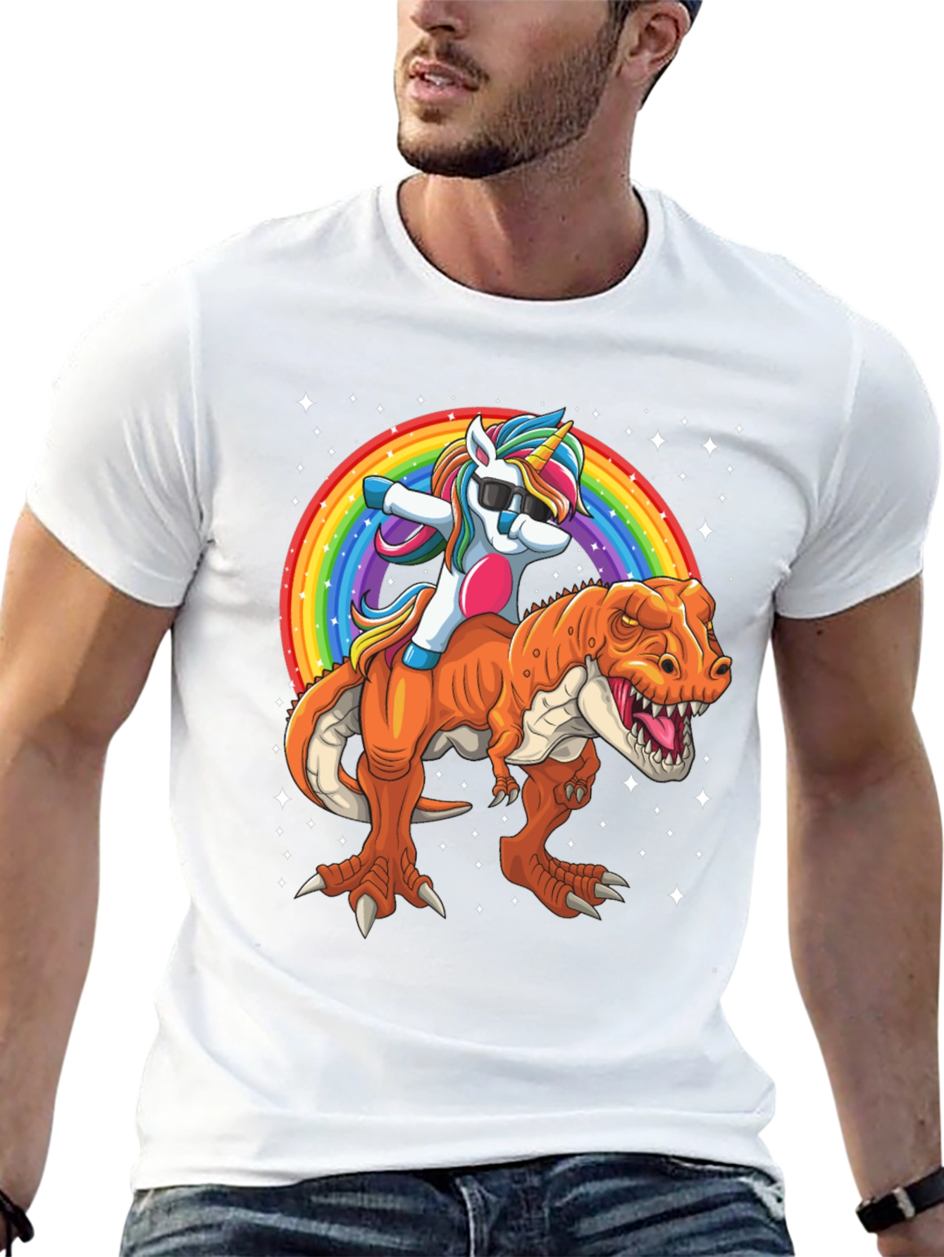 Black Unicorn Riding Dinosaur Men's Graphic T-Shirt view 13