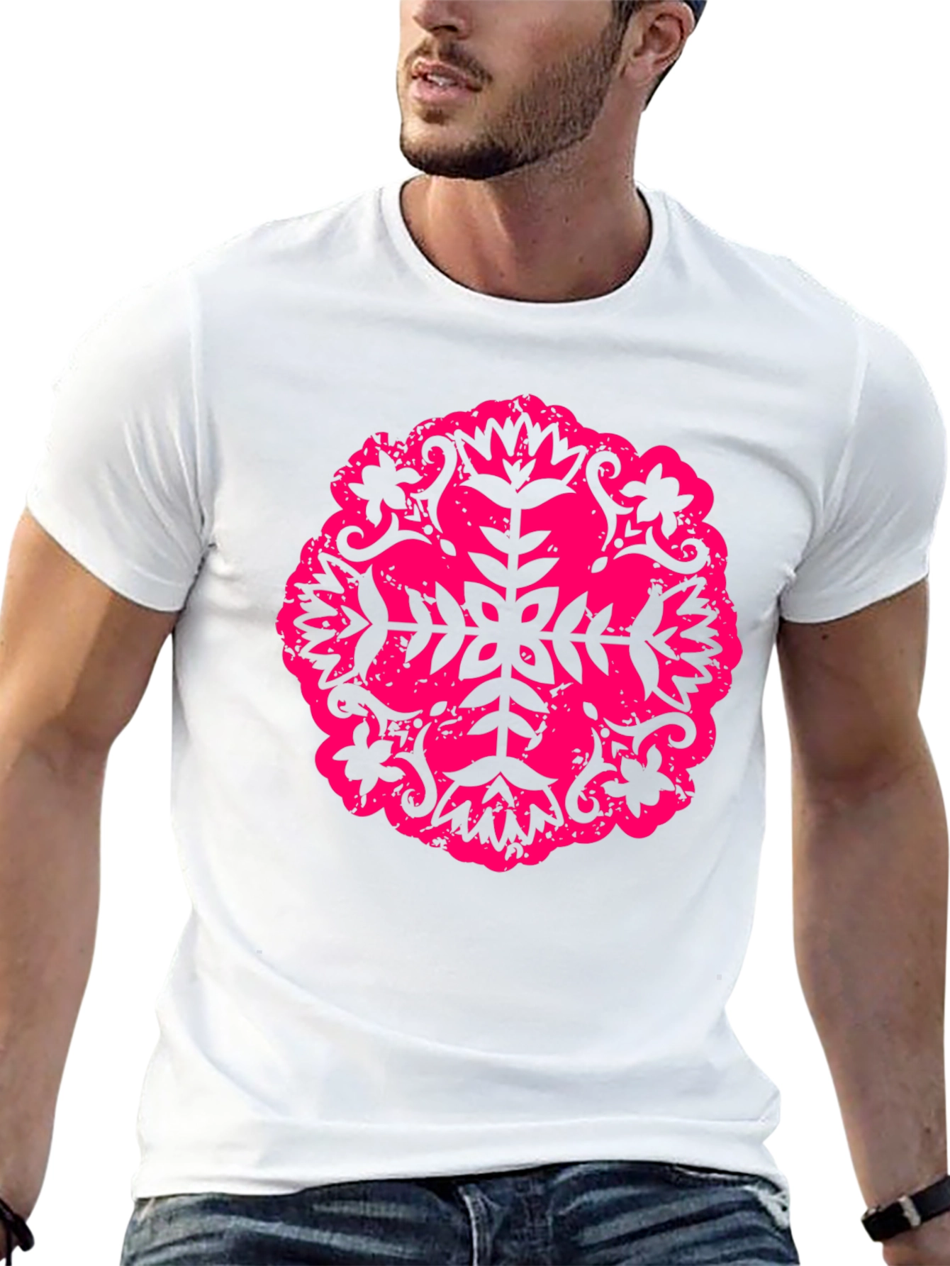 Black Black Tee with Pink Floral Mandala Design view 13