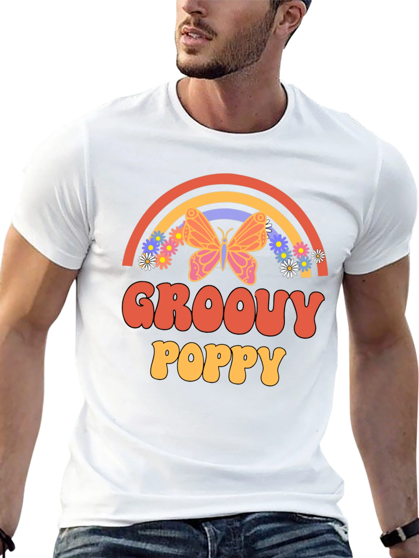 Groovy Poppy Graphic Tee - Retro Rainbow Butterfly - 13