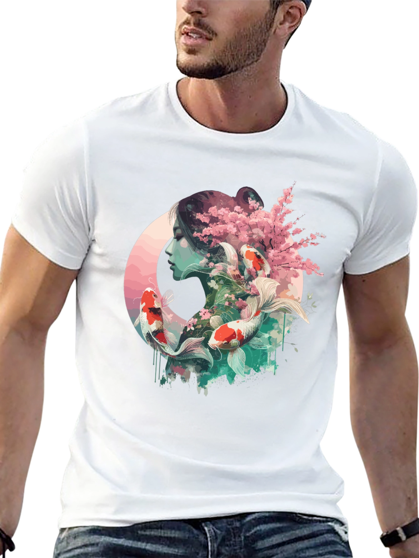 Black Koi Fish & Cherry Blossom Graphic Tee view 13