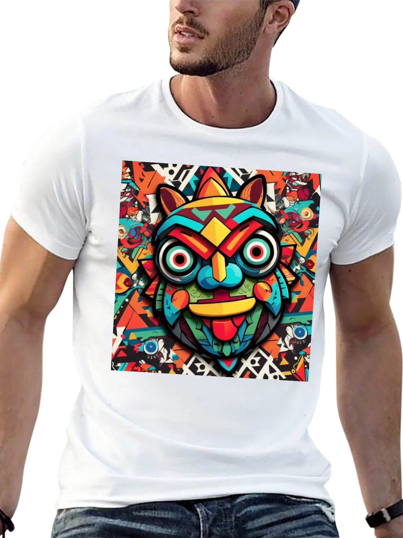 Black Bold Graphic Tee - Colorful Tribal Mask Design view 13