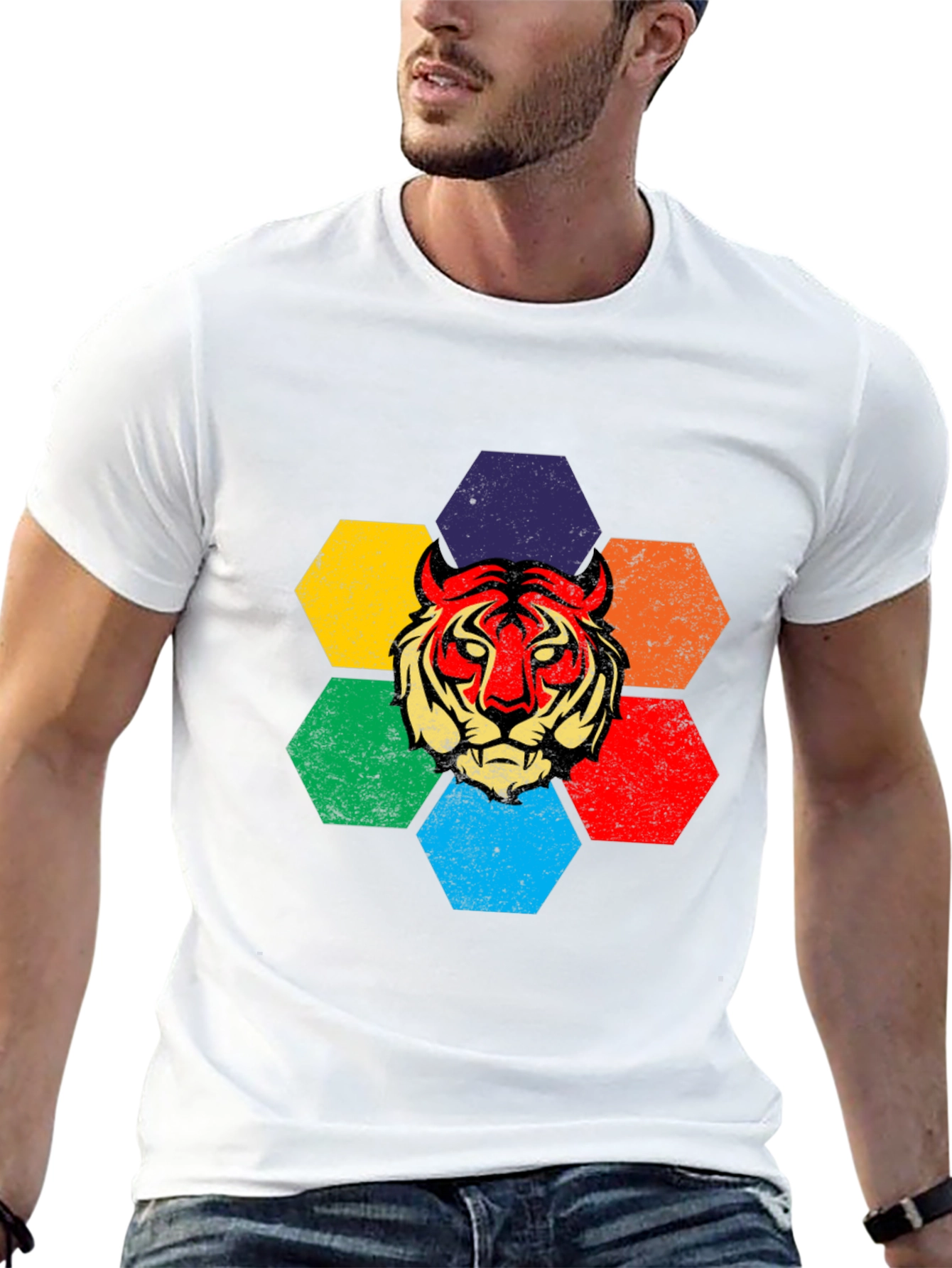 Black Retro Tiger Graphic Tee - Colorful Hexagon Design view 13