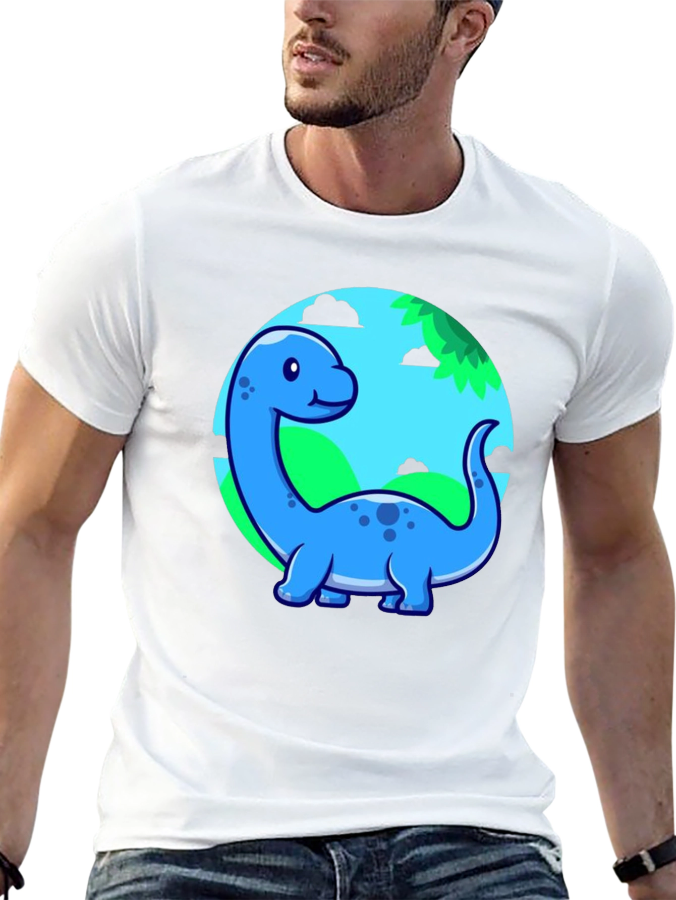 Black Cute Blue Cartoon Dinosaur T-Shirt view 13
