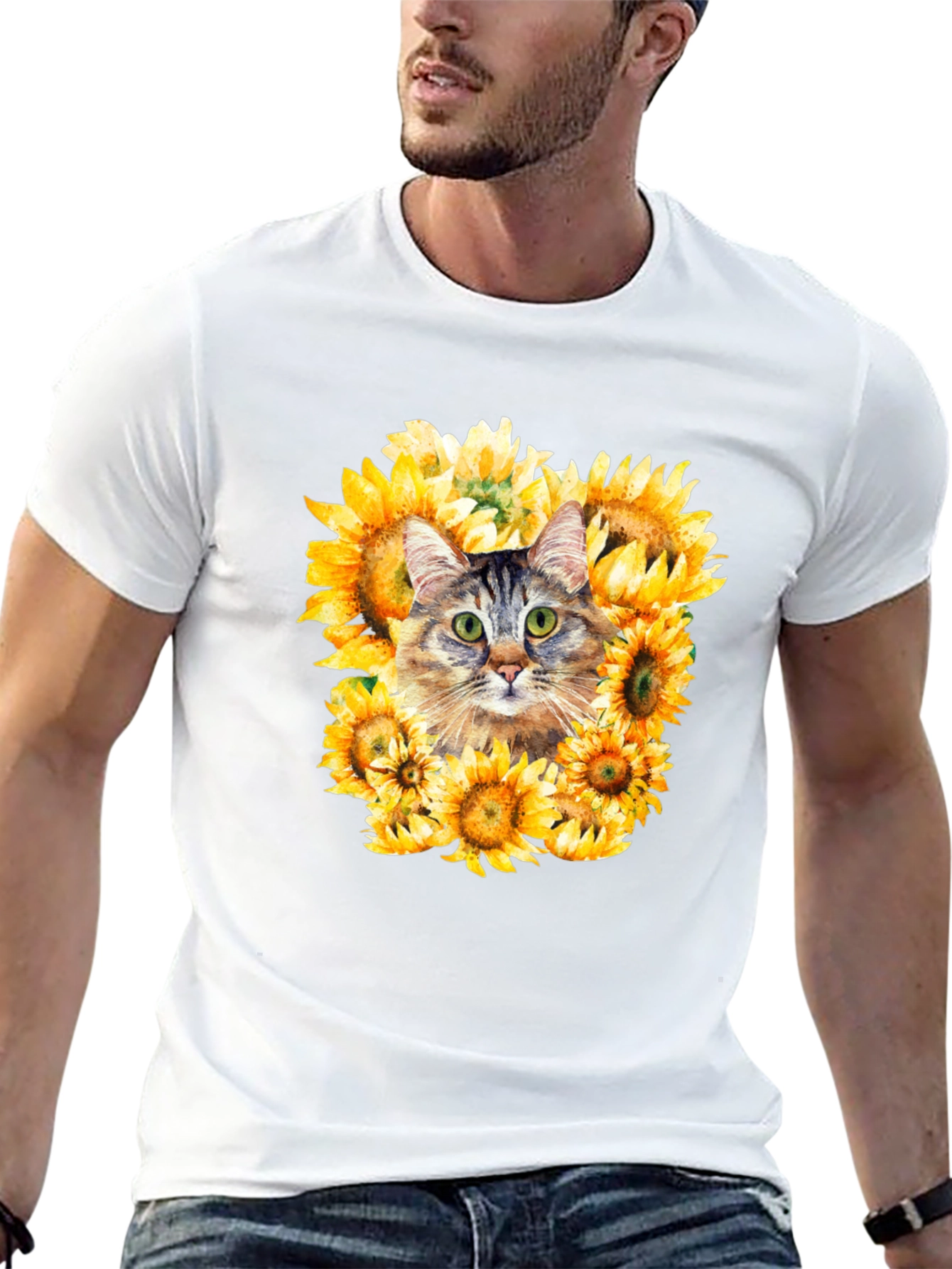 Black Cat Sunflower Graphic Tee - Men's Black T-Shirt view 13