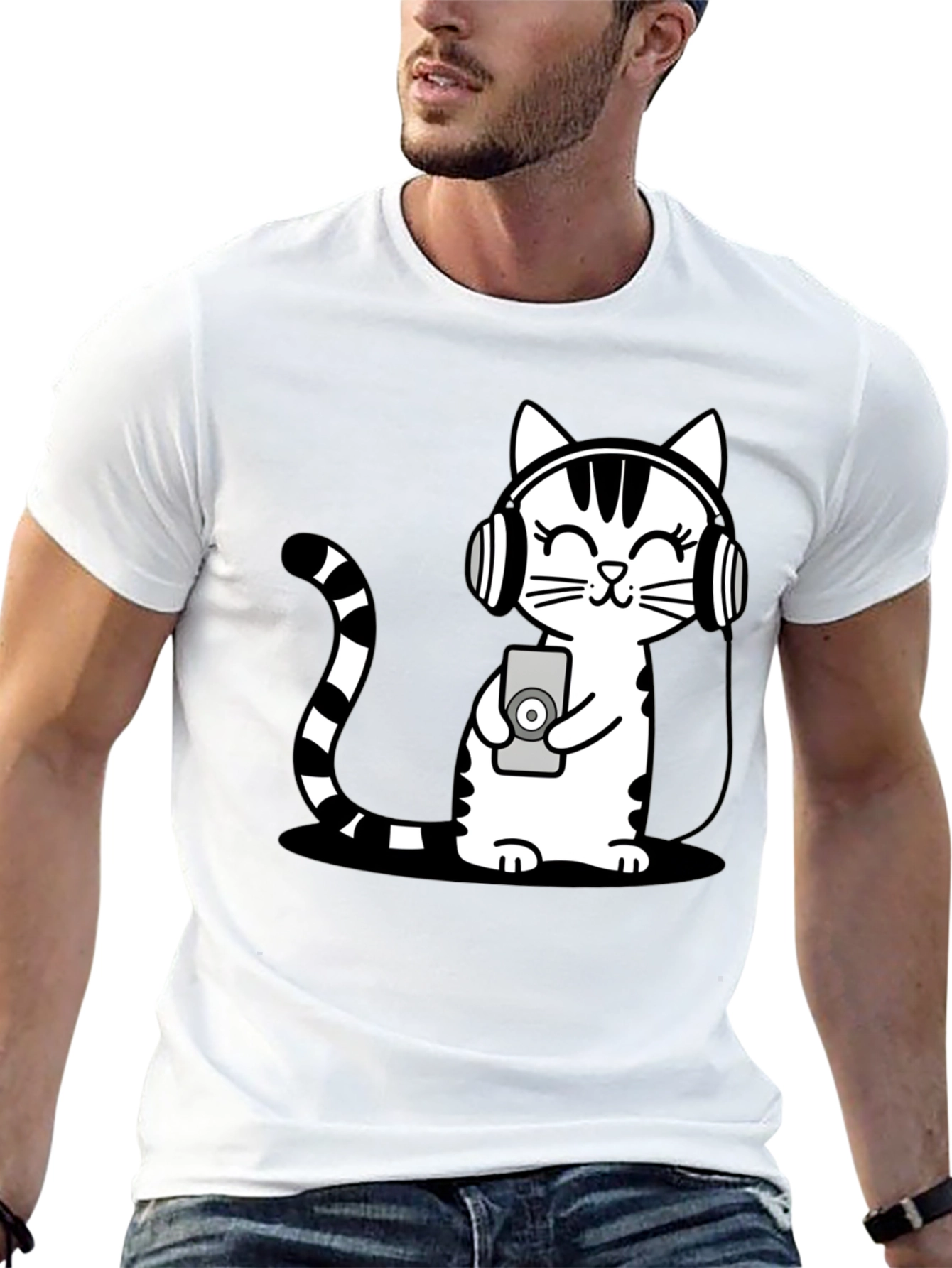 Black Cool Cat Headphones Graphic T-Shirt view 13