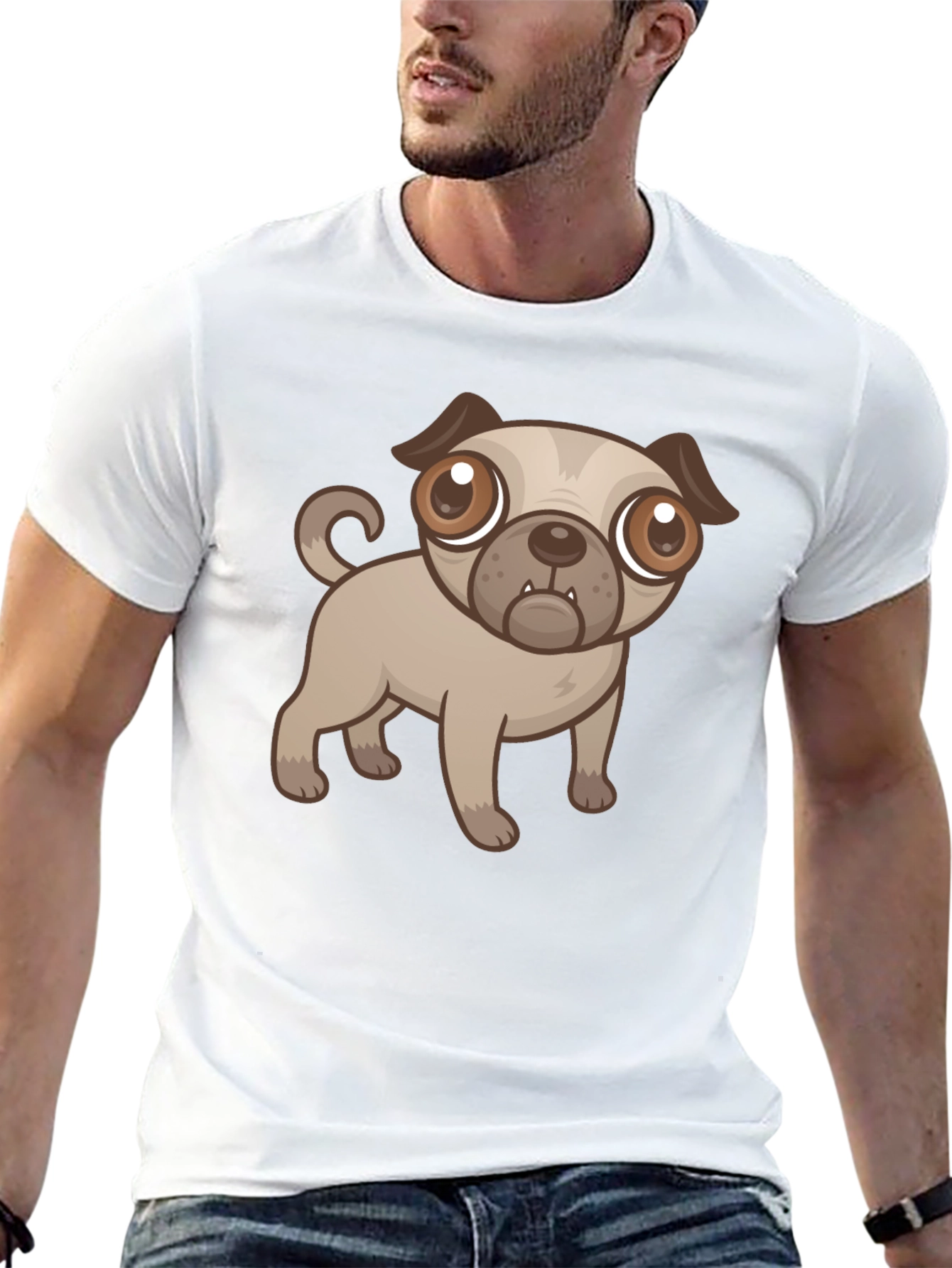 Black Cute Cartoon Pug Dog Black T-Shirt view 13