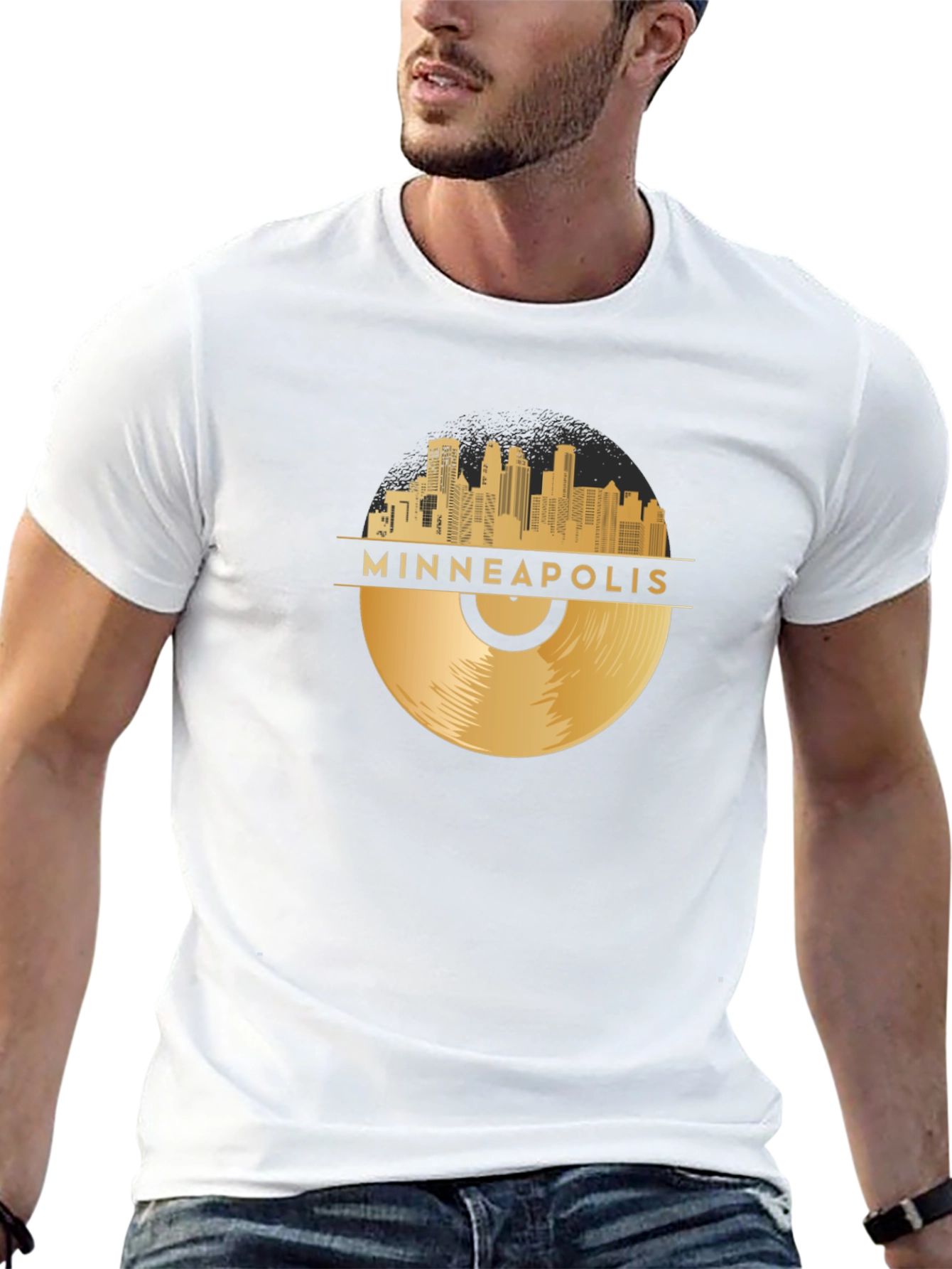 Black Minneapolis Gold Record Skyline Black T-Shirt view 13