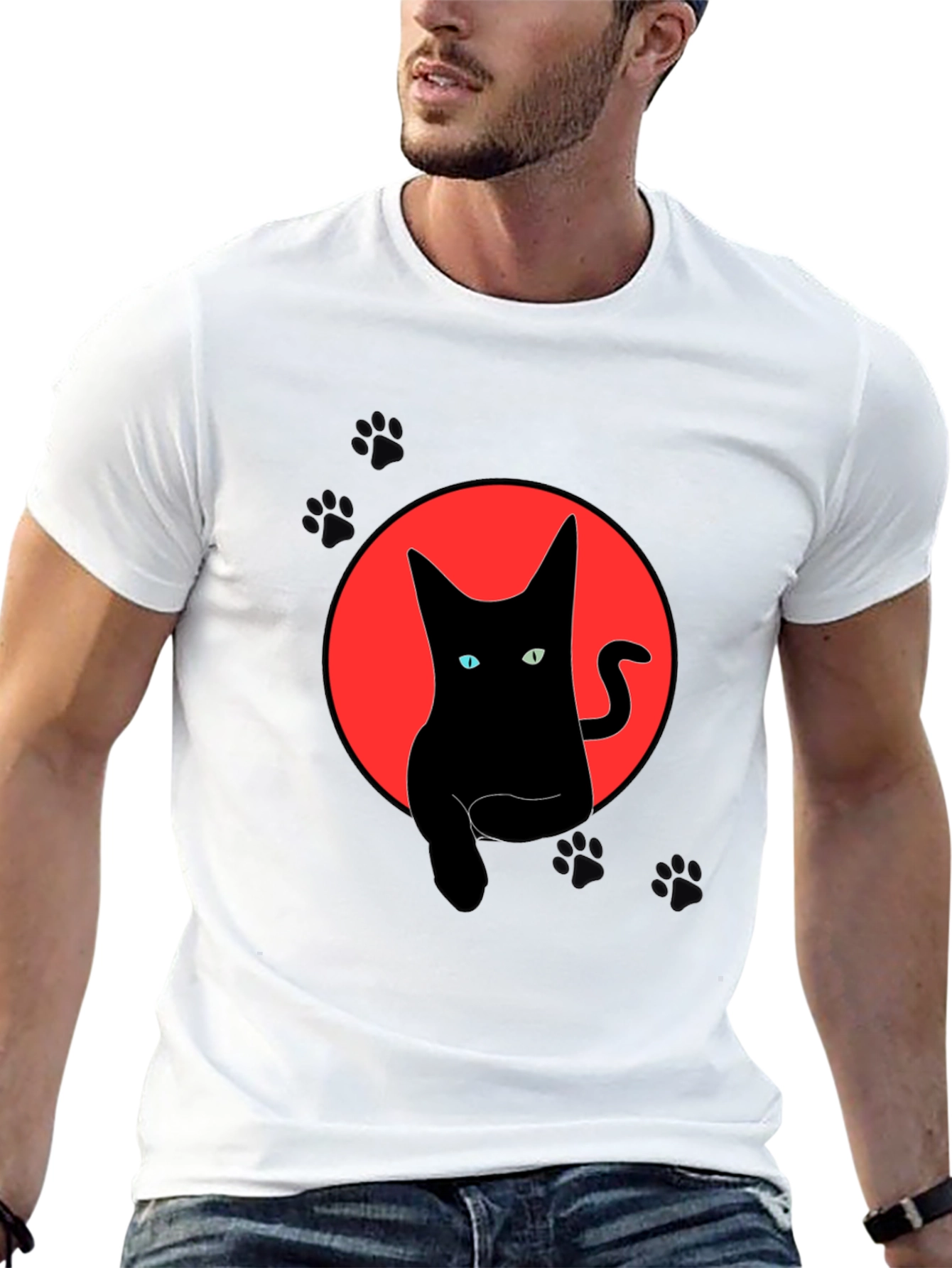 Black Black Cat Graphic Tee - Round Red Moon Design view 13