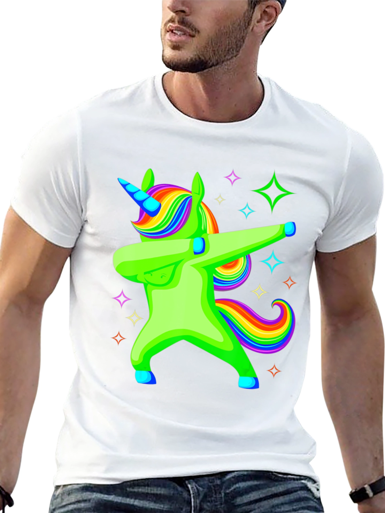 Black Dabbing Unicorn Graphic Tee - Rainbow Mane Black T-Shirt view 13