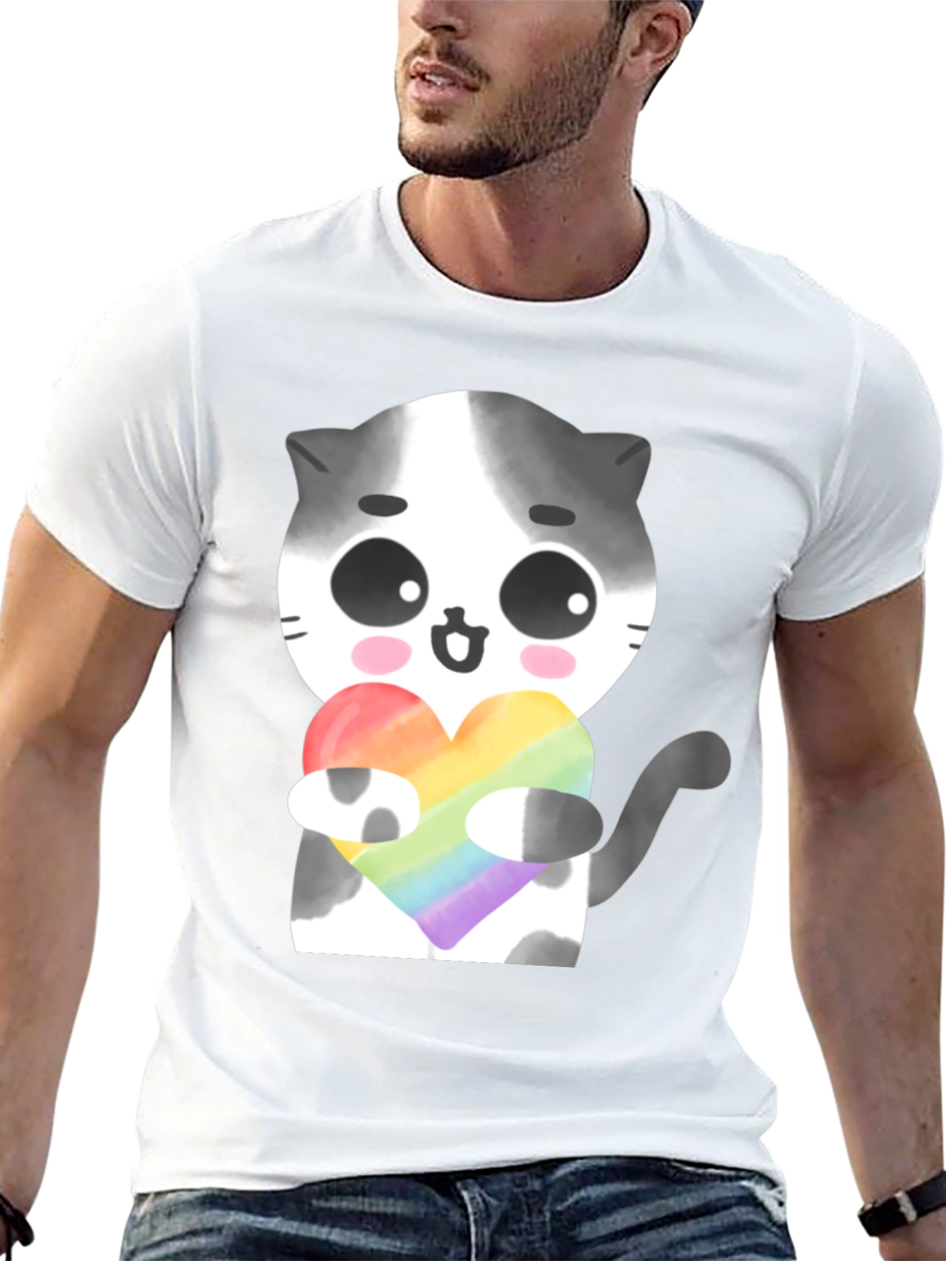 Black Cute Cat Holding Rainbow Heart T-Shirt view 13