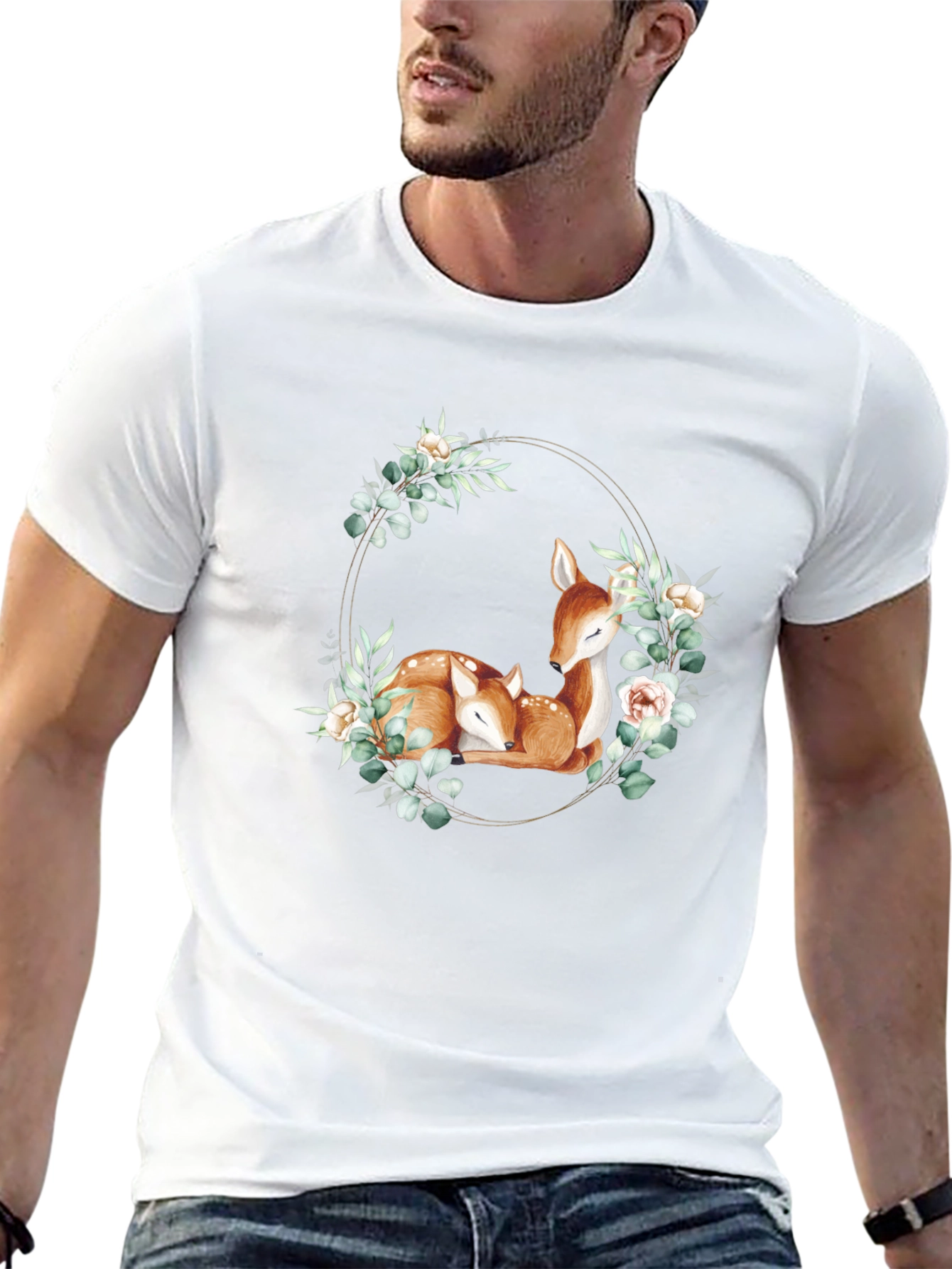 Black Deer Floral Wreath Black T-Shirt view 13