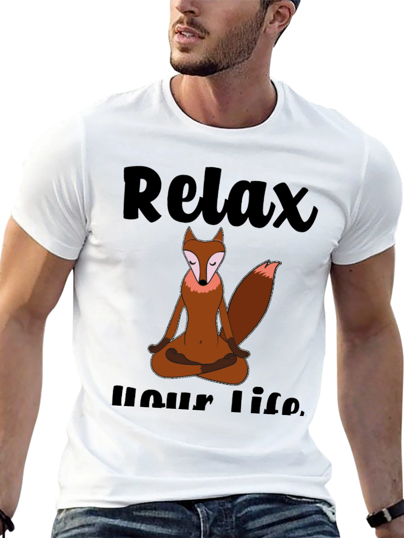 Black Relax Your Life Meditation Fox T-Shirt view 13