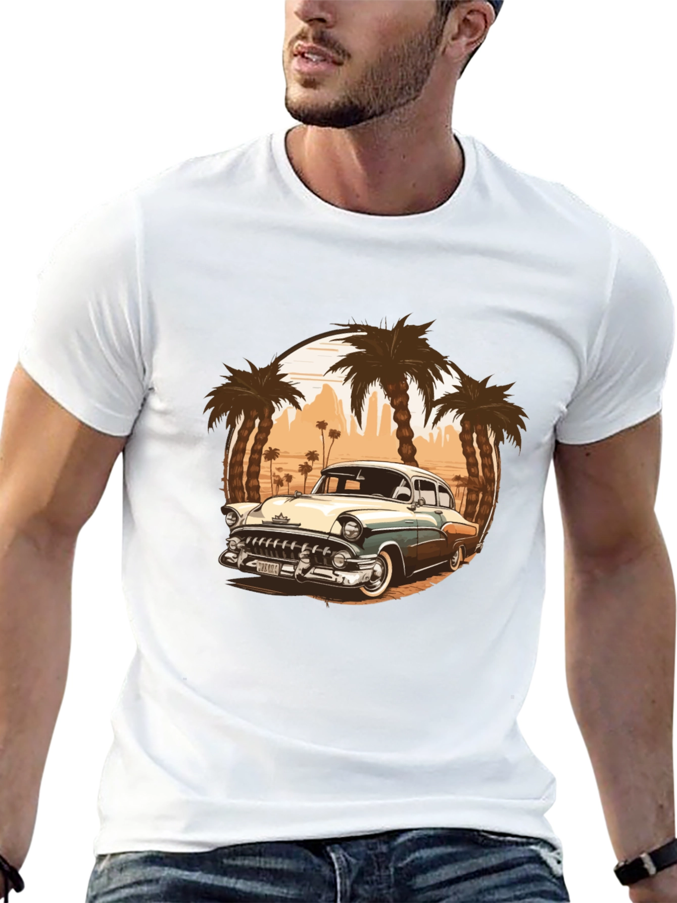 Black Vintage Car Graphic Tee - Palm Tree Design view 13