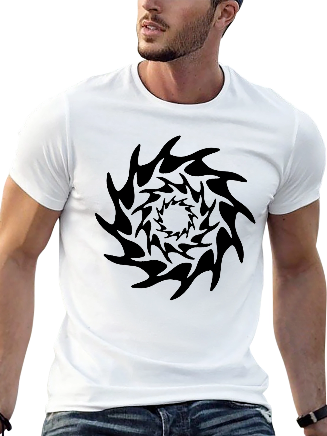 Black Men's Black T-Shirt with Abstract Swirl Design view 13
