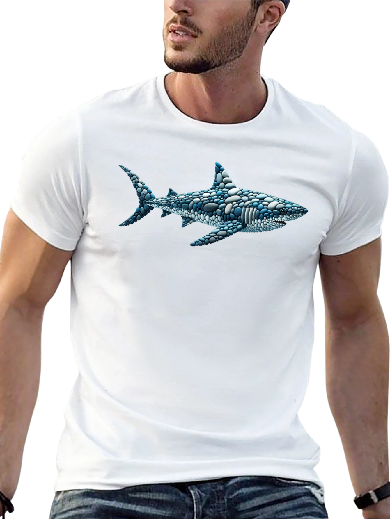 Black Shark Pebble Art Men's Black T-Shirt view 13