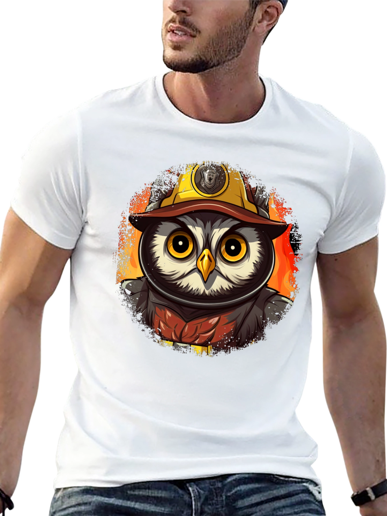 Black Owl Firefighter T-Shirt - Cartoon Design view 13