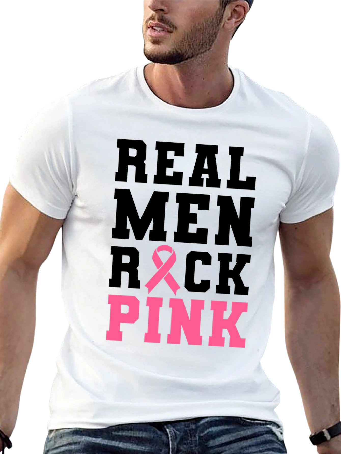Black Real Men Rock Pink Breast Cancer Awareness T-Shirt view 13