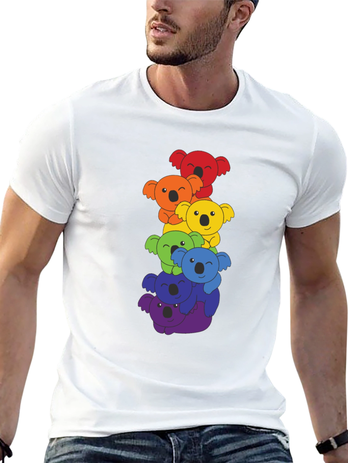 Black Rainbow Koala Stack Graphic Tee - Black Cotton Shirt view 13