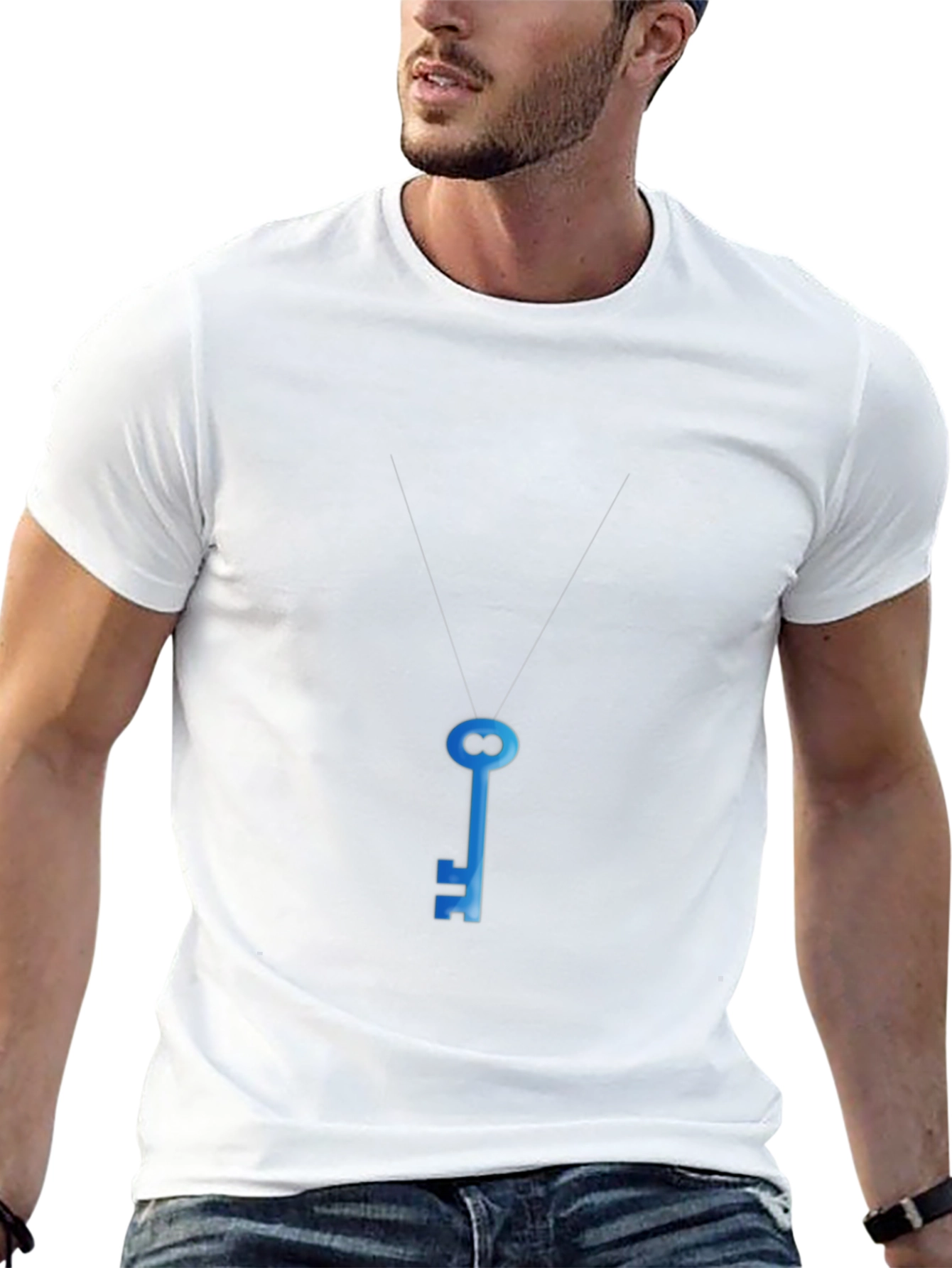 Black Men's Black T-Shirt with Blue Key Graphic view 13