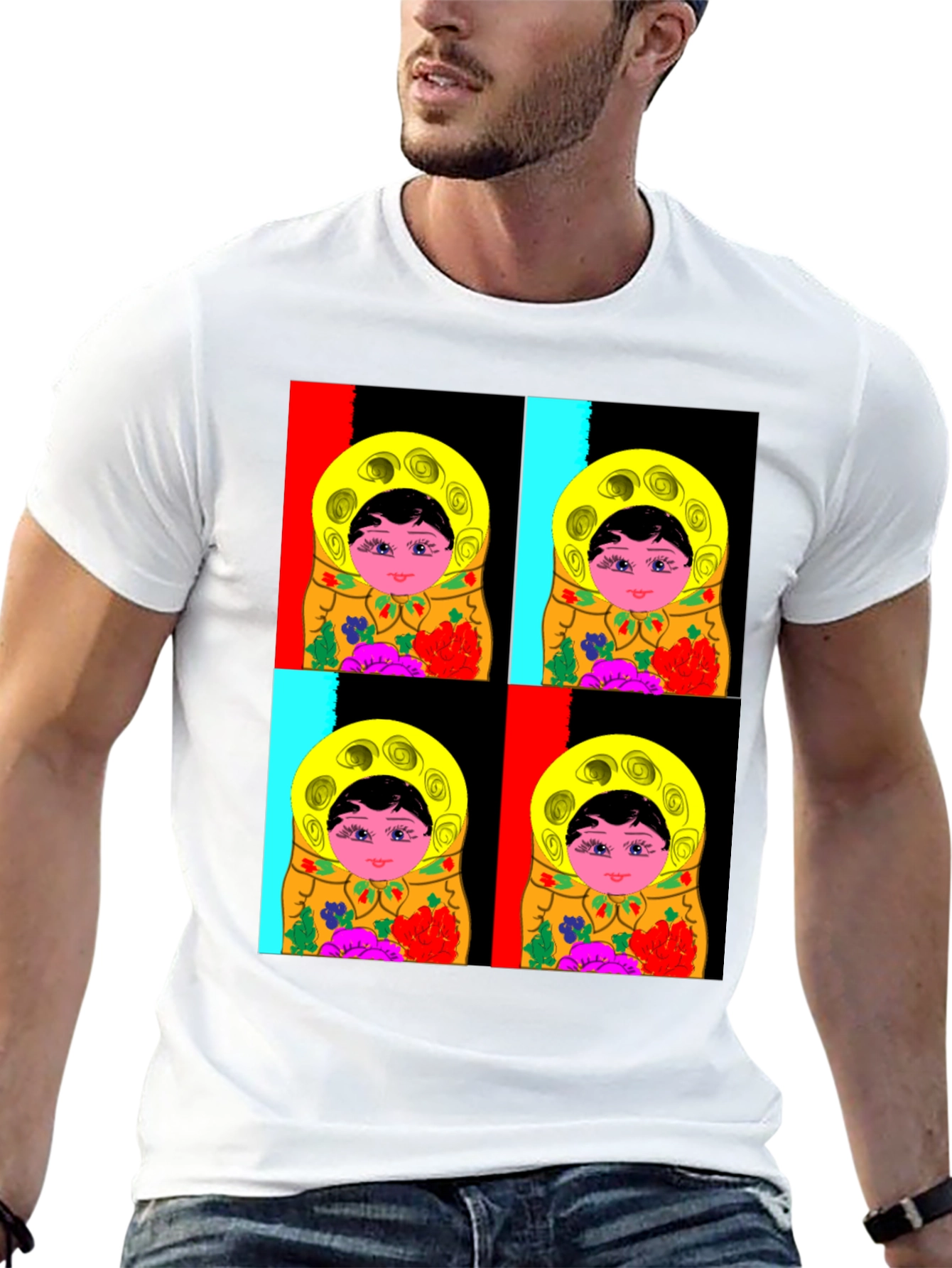 Black Matryoshka Doll Graphic T-Shirt, Black Cotton Tee view 13