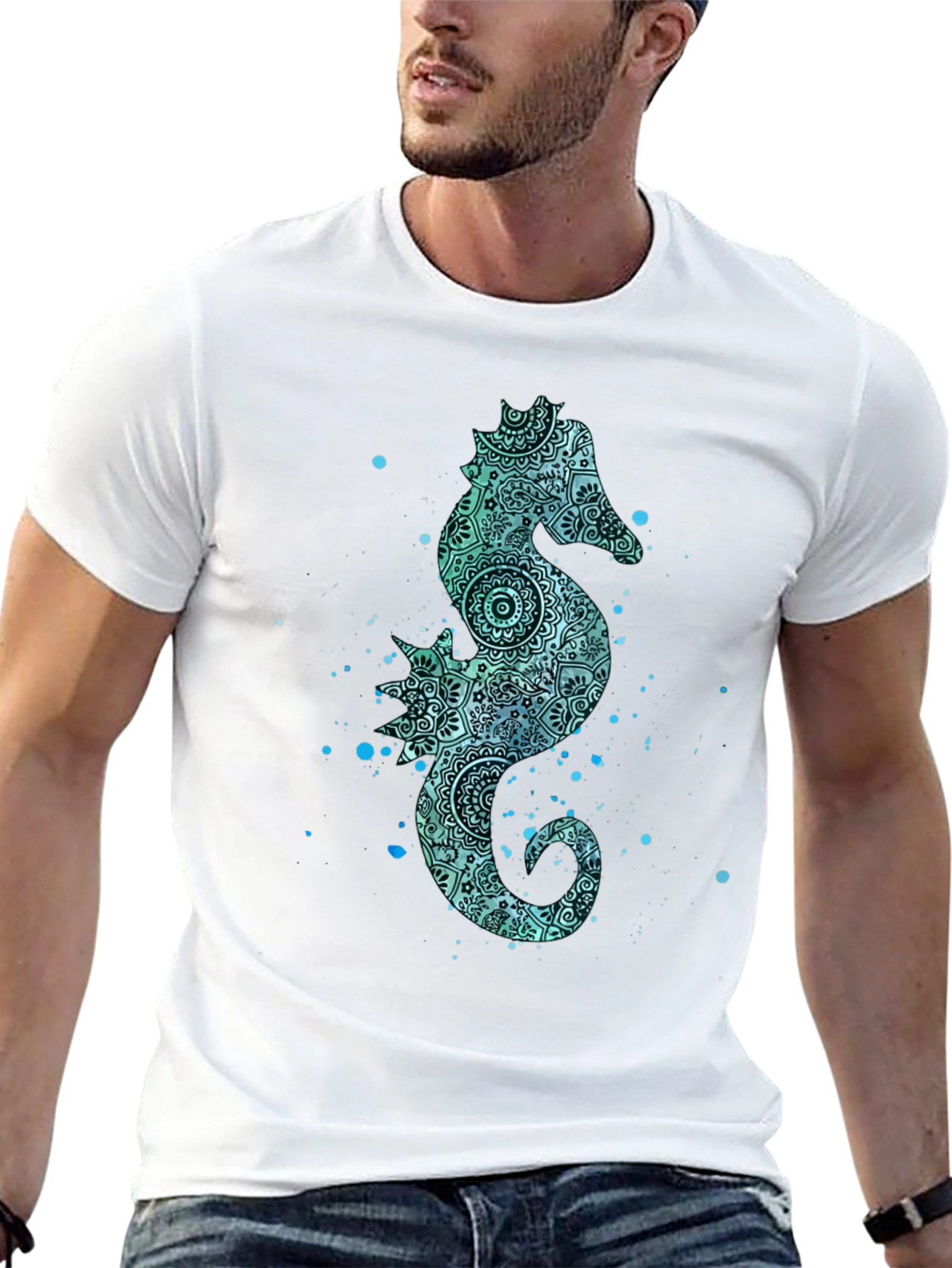 Black Seahorse Graphic Tee - Men's Black Cotton T-Shirt view 13