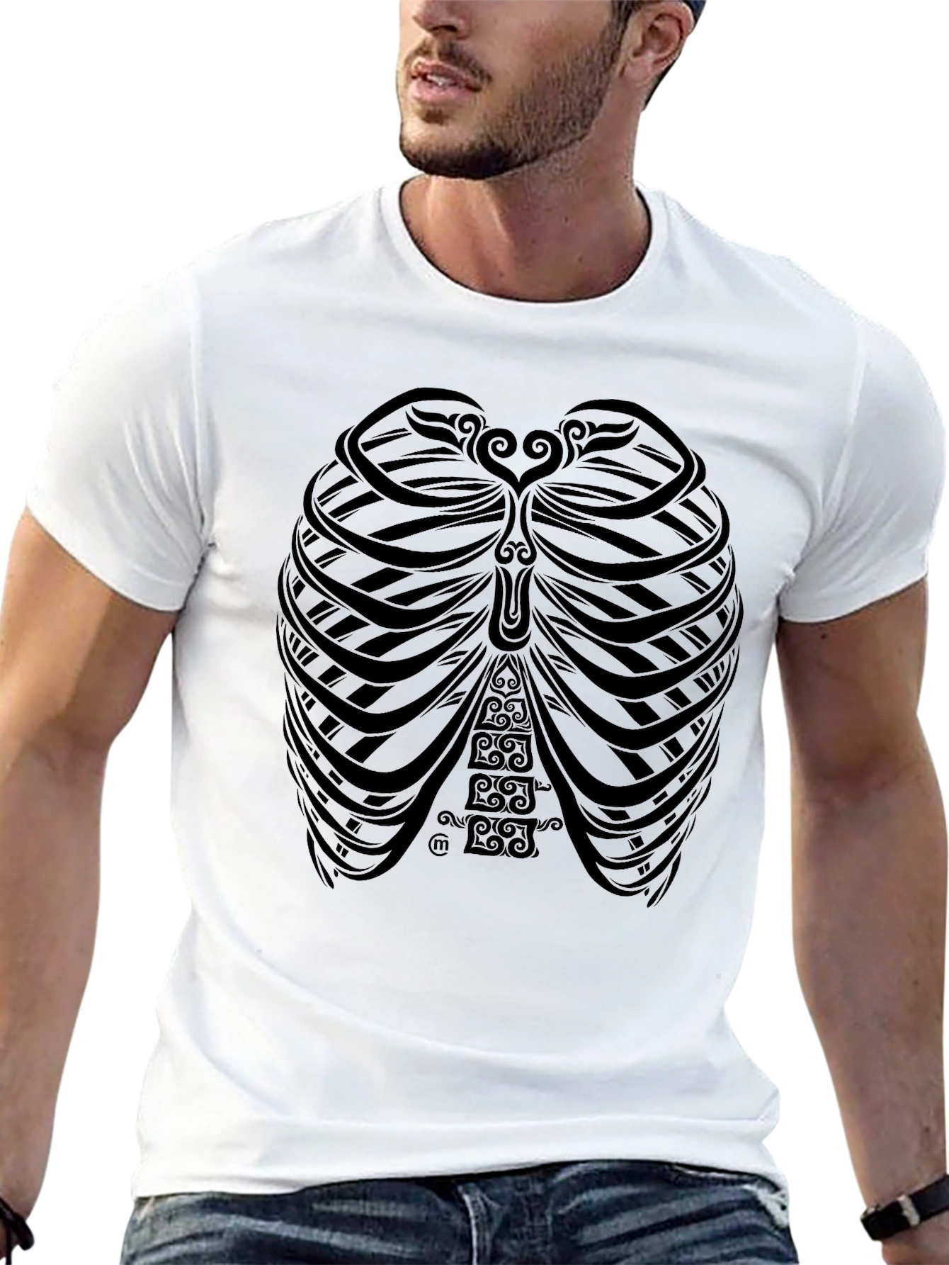 Black Tribal Rib Cage Print Black T-Shirt view 13
