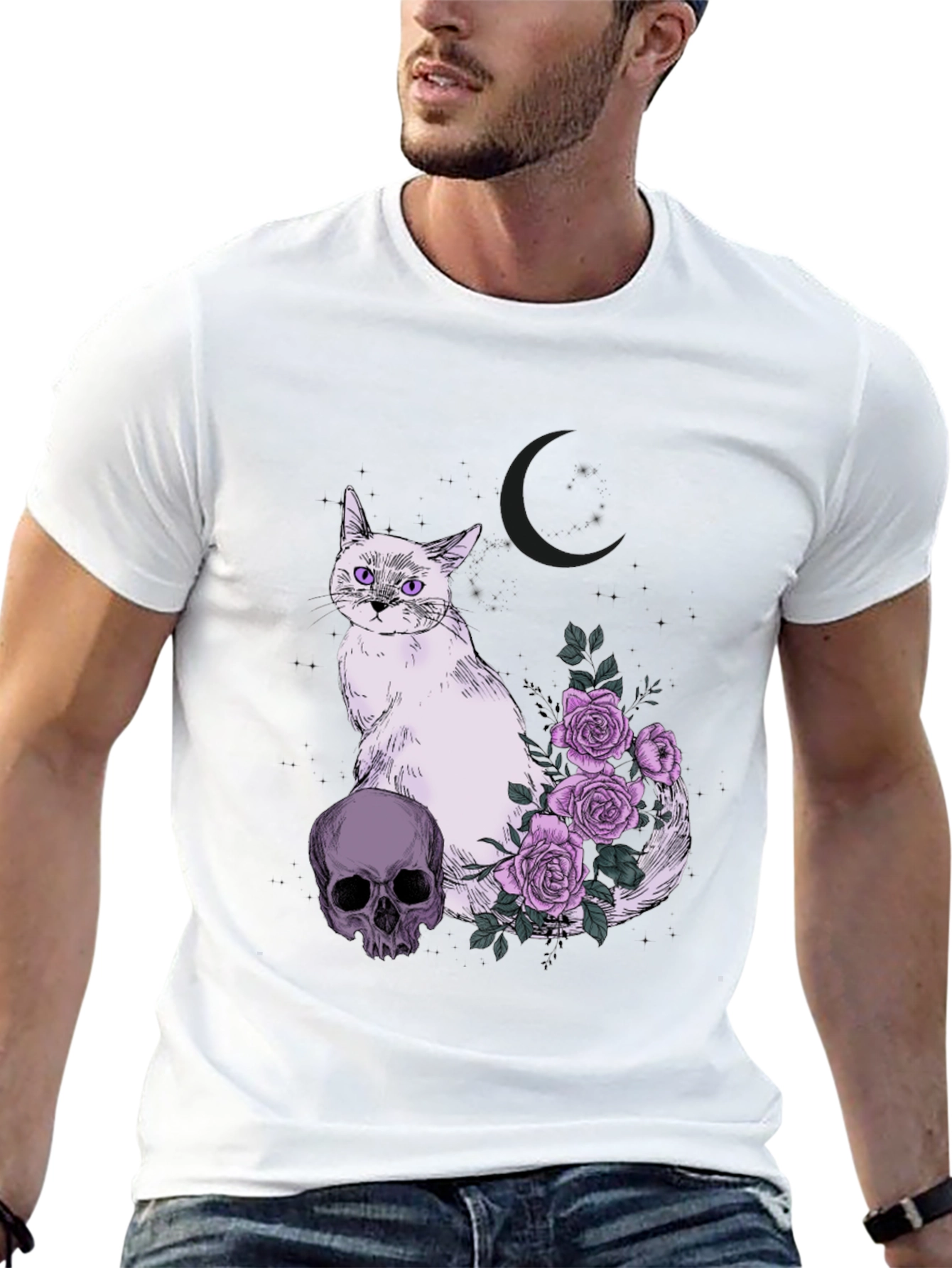 Black Gothic Cat Skull & Roses T-Shirt view 13