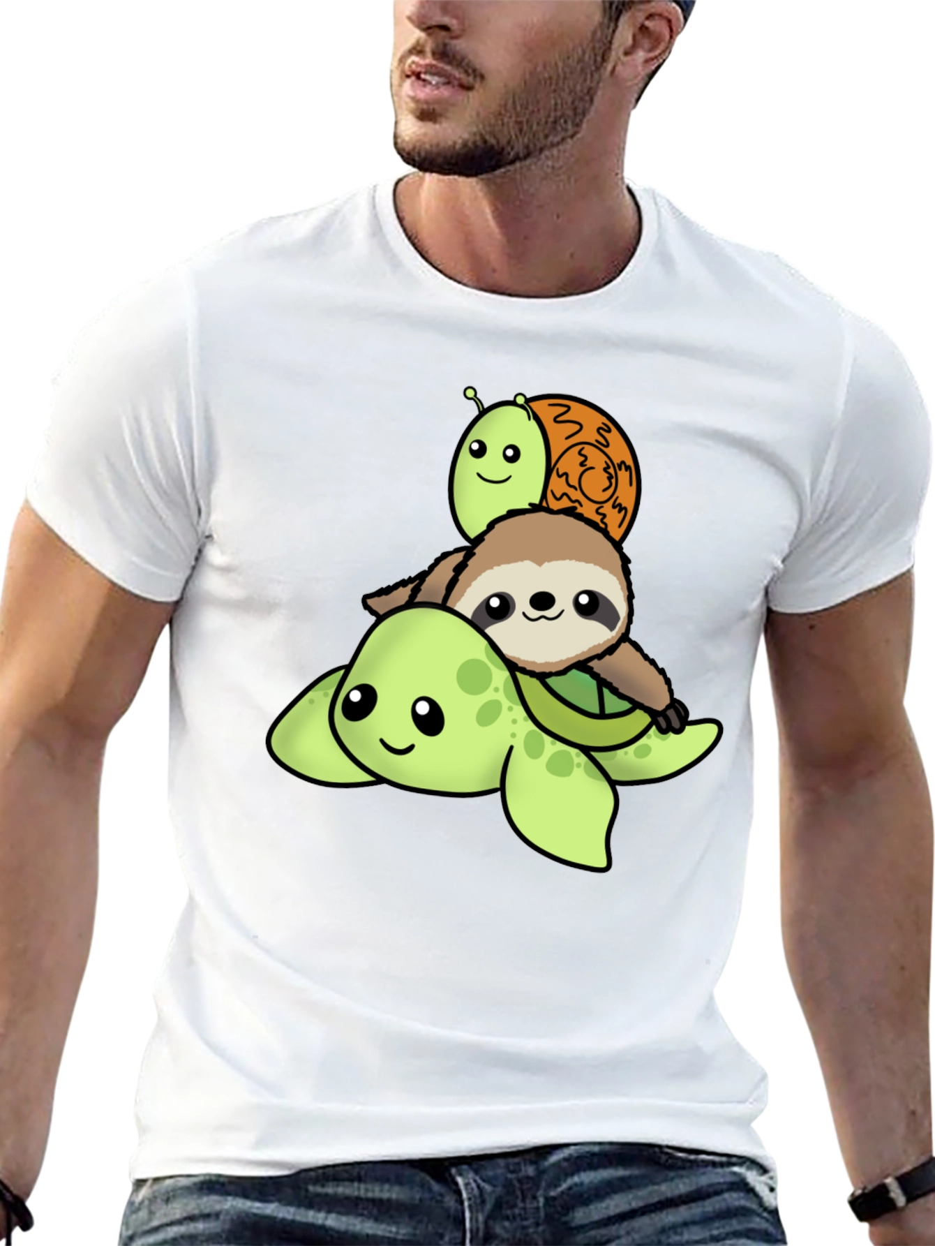 Black Turtle, Sloth, Snail Cartoon Stack T-Shirt view 13