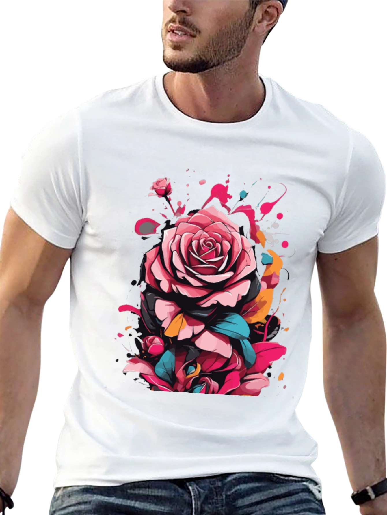 Black Floral Rose Graphic Tee - Abstract Art Shirt view 13