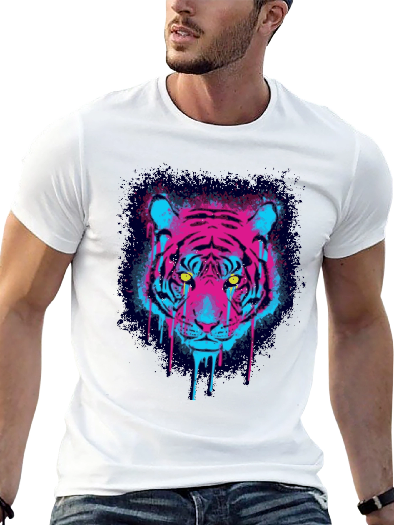 Black Neon Tiger Graphic Print T-Shirt view 13