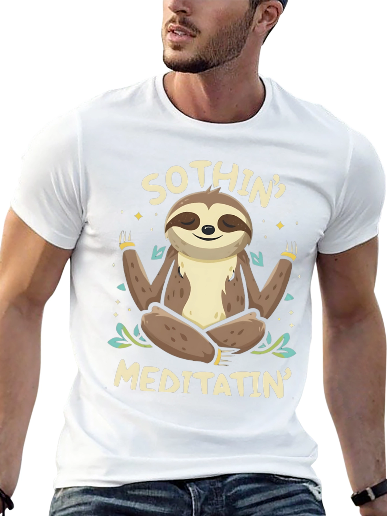 Black Men's "Sothin' Meditatin'" Sloth Graphic T-Shirt view 13