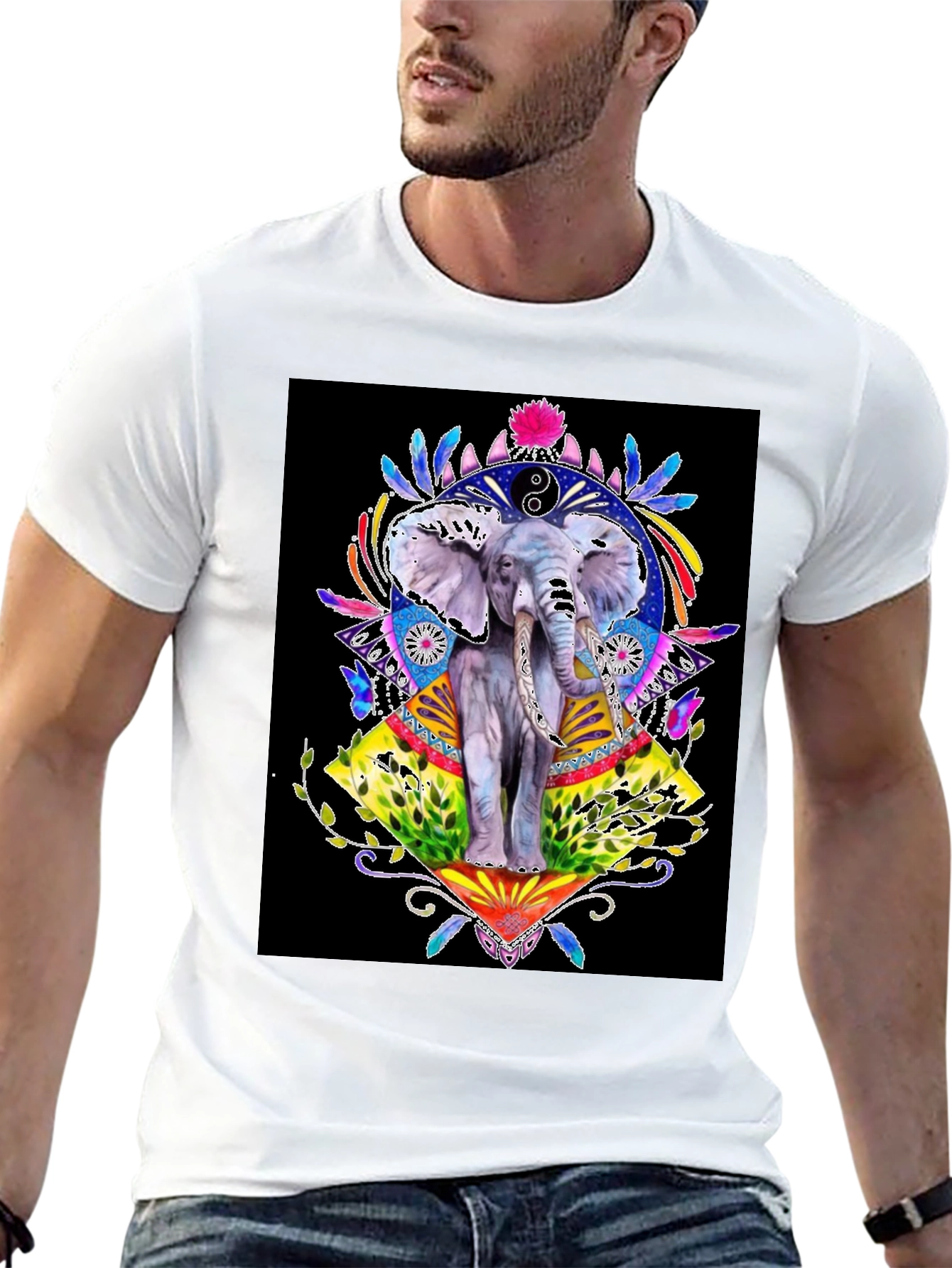 Black Elephant Art Graphic T-Shirt - Unisex Black Tee view 13