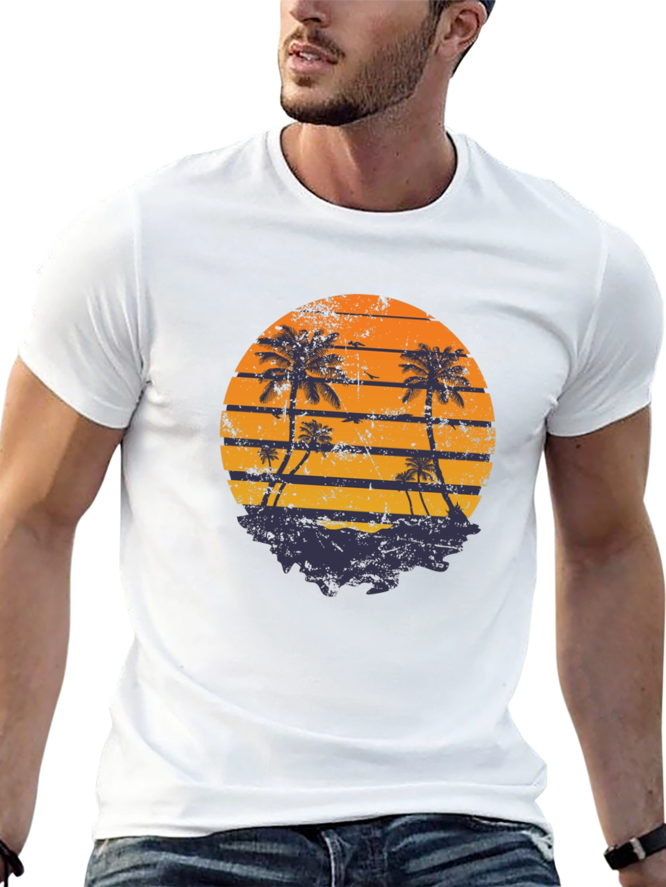 Black Retro Sunset Palm Tree Graphic T-Shirt view 13