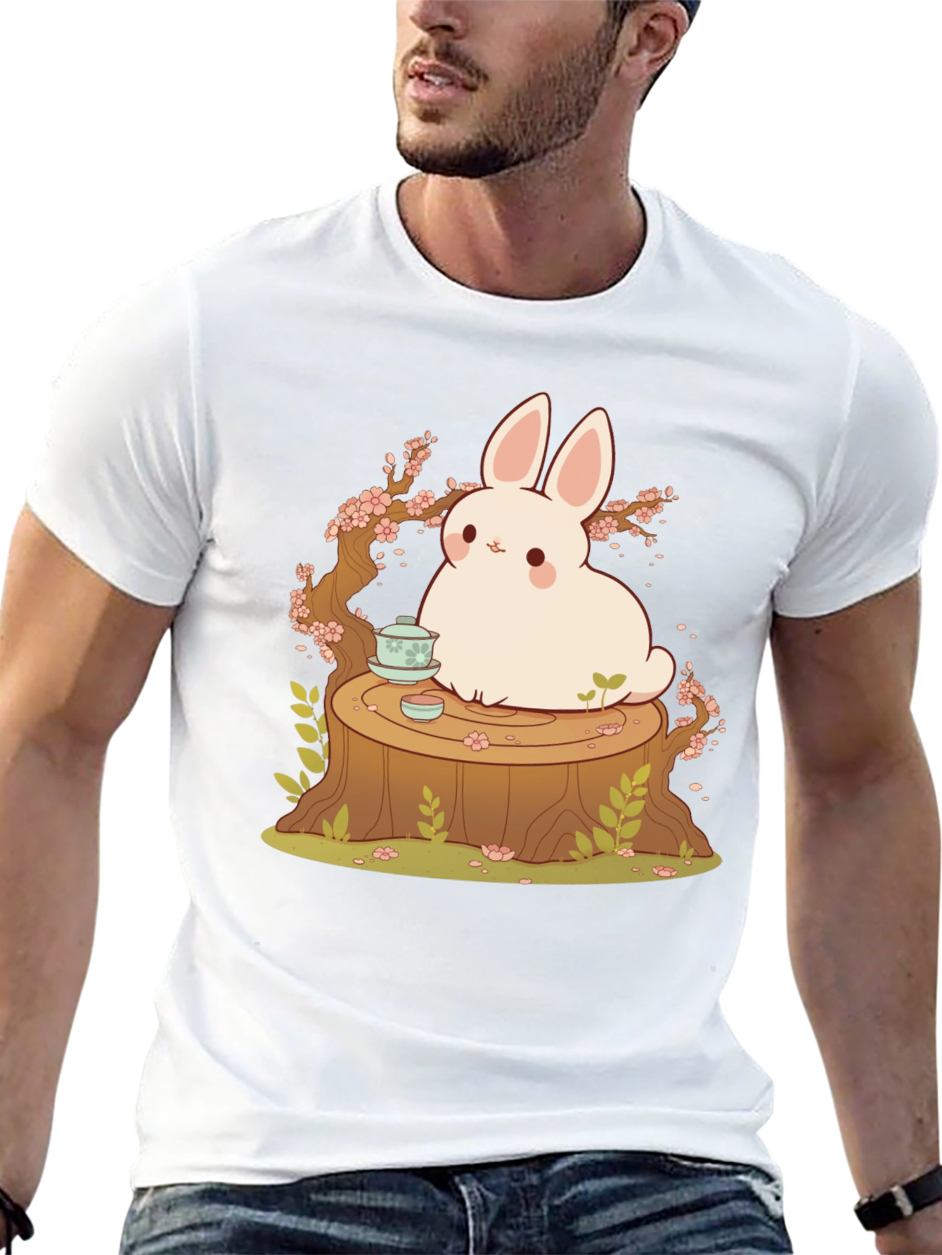 Black Cute Bunny and Tea Tree Stump Black T-Shirt view 13
