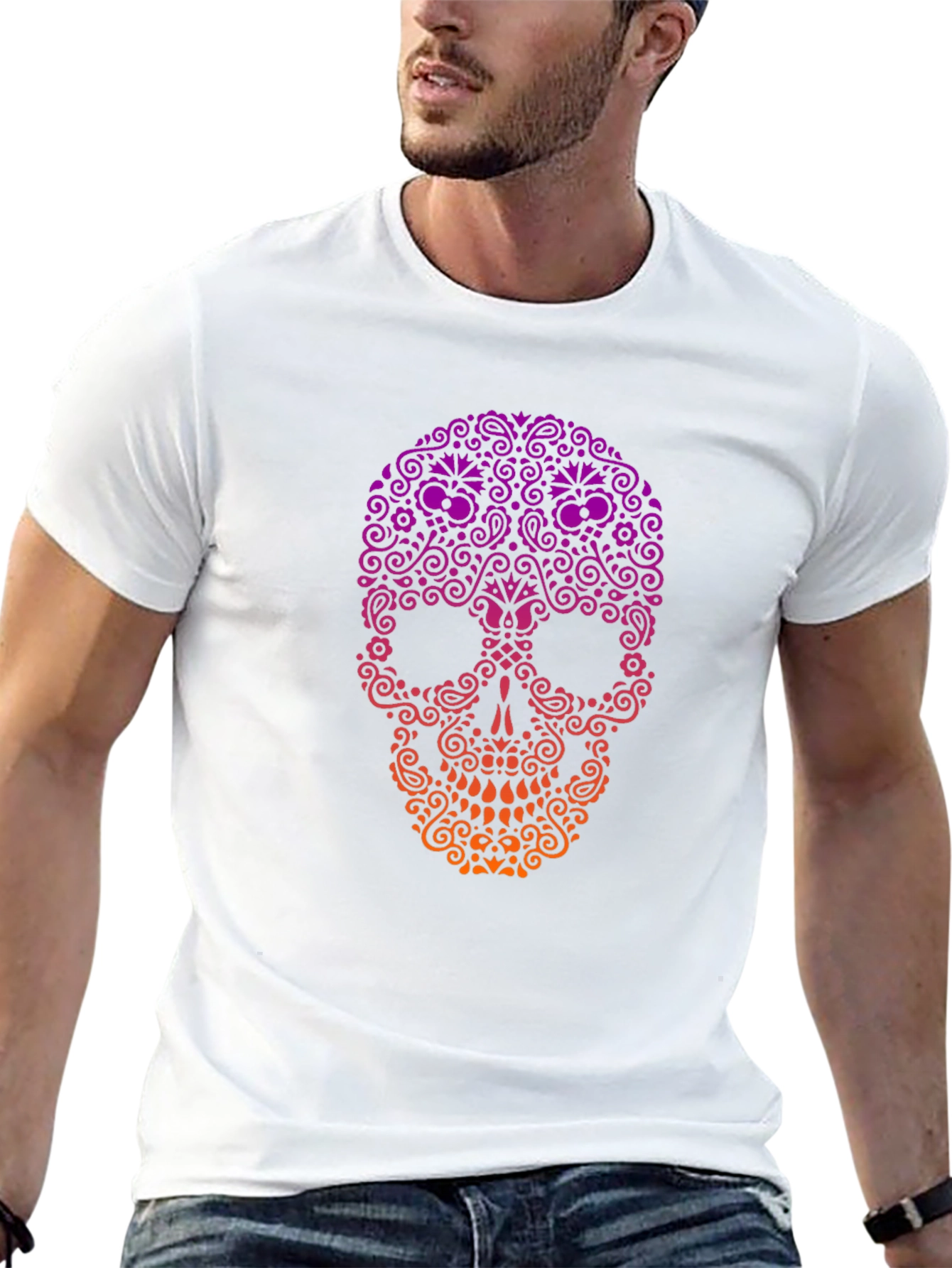 Black Ornamental Skull Graphic Tee - Black Cotton T-Shirt view 13