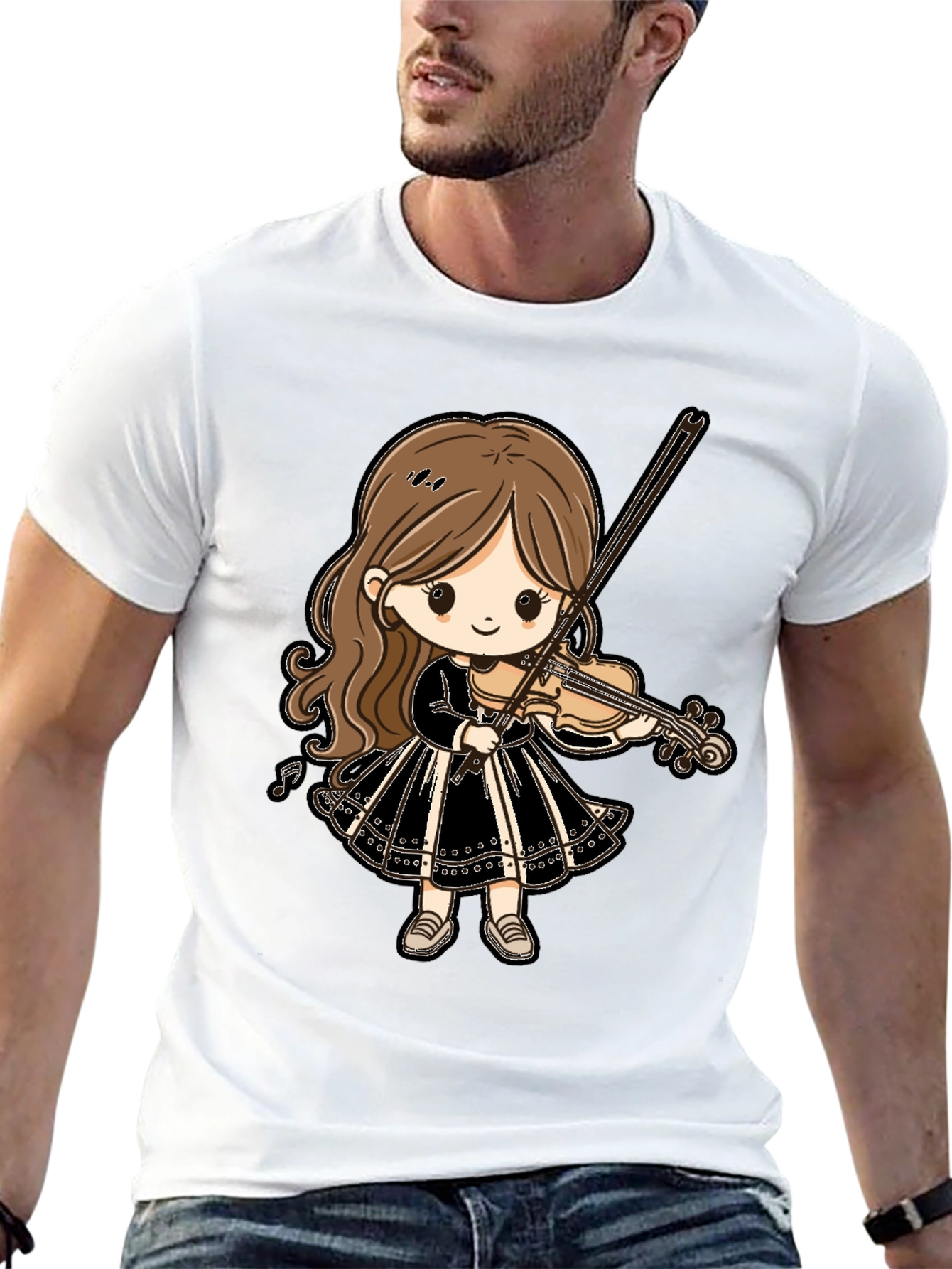 Black Cute Violin Girl Graphic Tee - Black Cotton T-Shirt view 13